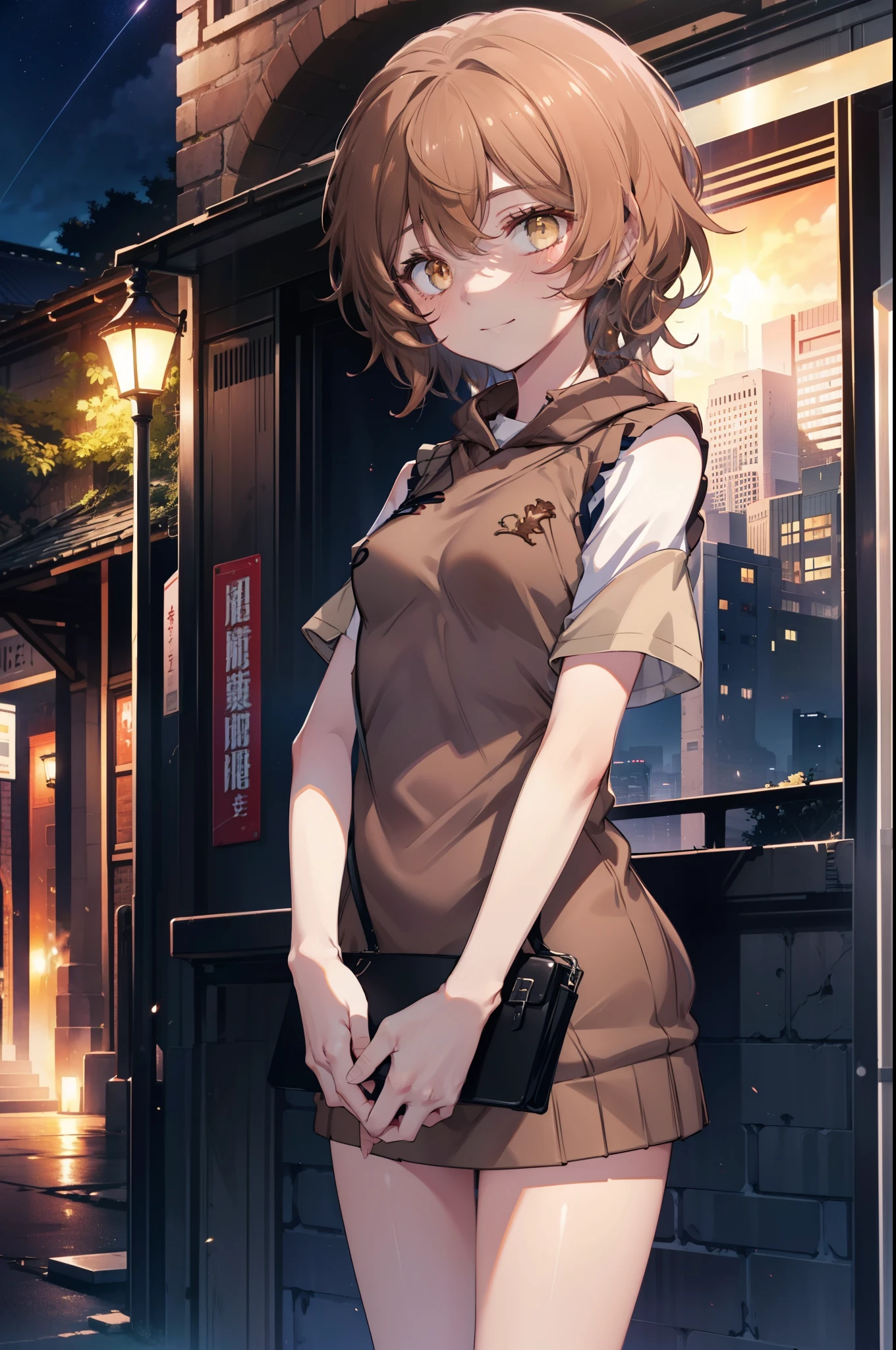 Liliru Card, Liliruca gets burned,  (Brown eyes:1.7),height: 140cm, Brown Hair, (Small breasts:1.2),blush,smile, short hair, uniform,  Y-shirt,Sweater vest, (brown Sweater vest:1.5),Short sleeve white shirt, Collared shirt, skirt, pleated skirt,Black Pantyhose,Brown Loafers,On the way home from school,evening,夕陽
break looking at viewer,
break outdoors, city,Building Street,
break (masterpiece:1.2), highest quality, High resolution, unity 8k wallpaper, (shape:0.8), (Fine and beautiful eyes:1.6), Highly detailed face, Perfect lighting, Highly detailed CG, (Perfect hands, Perfect Anatomy),