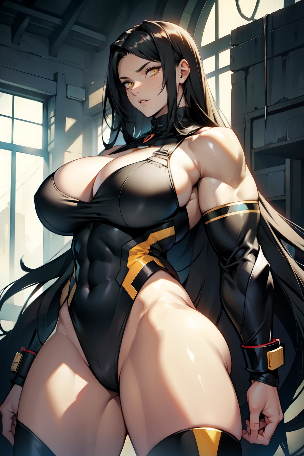 huge breasts huge thighs huge muscles black hair very long hair pale skin yellow eyes