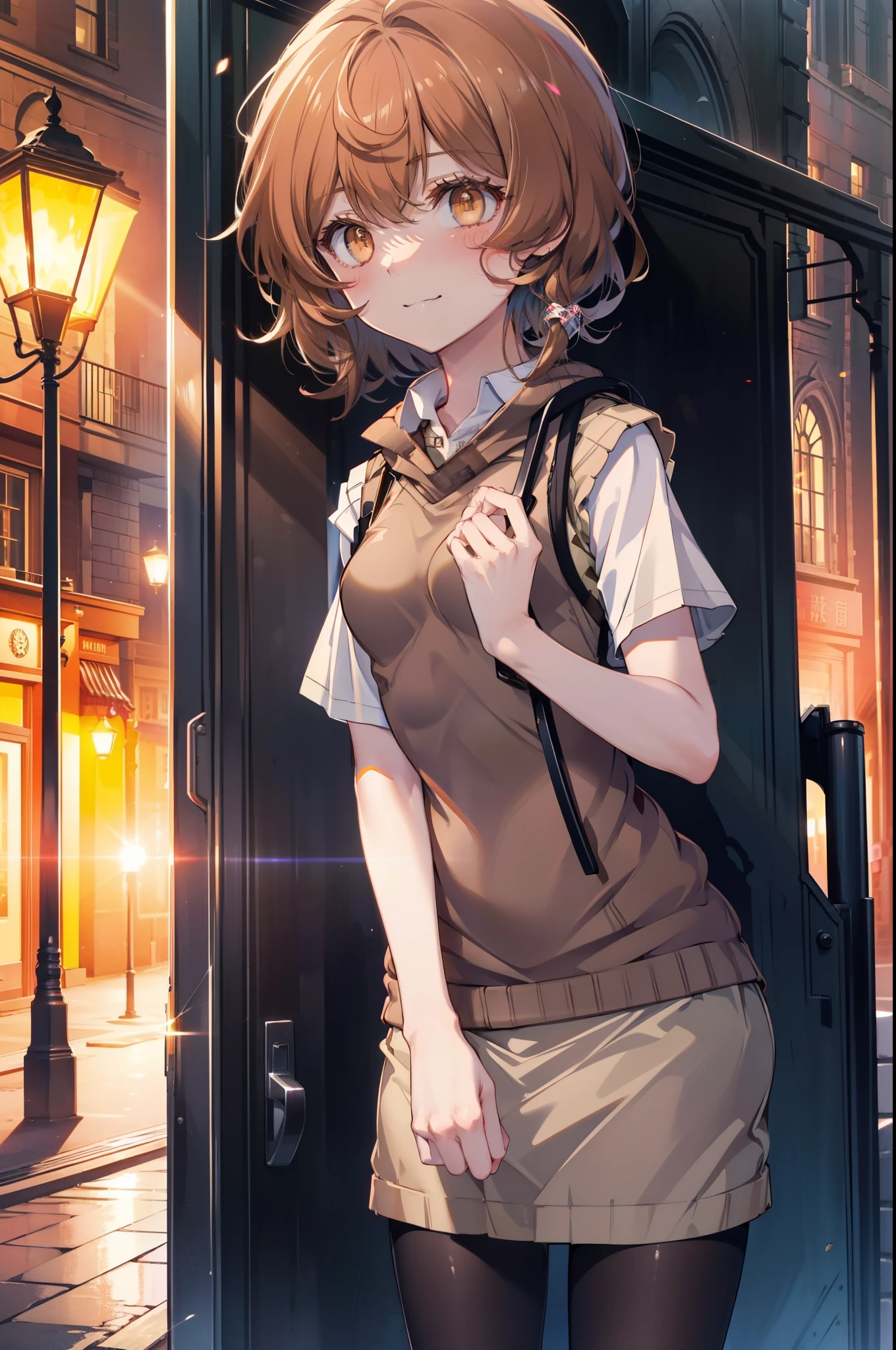 Liliru Card, Liliruca gets burned,  (Brown eyes:1.7),height: 140cm, Brown Hair, (Small breasts:1.2),blush,smile, short hair, uniform,  Y-shirt,Sweater vest, (brown Sweater vest:1.5),Short sleeve white shirt, Collared shirt, skirt, pleated skirt,Black Pantyhose,Brown Loafers,On the way home from school,evening,夕陽
break looking at viewer,
break outdoors, city,Building Street,
break (masterpiece:1.2), highest quality, High resolution, unity 8k wallpaper, (shape:0.8), (Fine and beautiful eyes:1.6), Highly detailed face, Perfect lighting, Highly detailed CG, (Perfect hands, Perfect Anatomy),