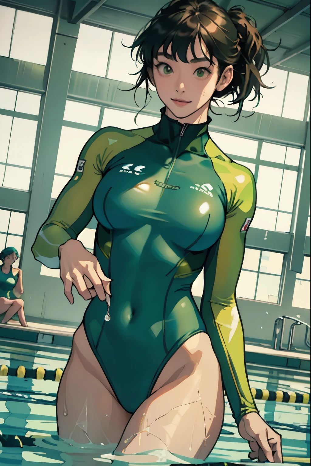 (One Woman),(Woman taking a photo),(((Green super high leg swimsuit:1.5))),(((Body-fitting competitive swimsuit:1.5))),(short hair:1.5),(front),(Beautiful Eyes:1.3),(Sexy Face:1.5),(Sexy pose:1.5),(Very detailedな顔:1.5),((Very detailedな手の描画:1.5)),(Big Breasts:1.5),((Muscular:1.5)),(Sexy look:1.5),((Thick thighs:1.5)),(Well-built:1.5),(Beautiful body:1.5),(Wet body:1.1),((Very sensual:1.5)),(A studio with a white background:1.5),(((Blur the background:1.5))),(Gentle light:1.5),(Written boundary depth:1.5),BREAK(((masterpiece:1.5),(highest quality:1.5),(Very detailed:1.5),(High resolution:1.5),(Realistic:1.5),(Realistic:1.5),(Delicate drawing))),8k,wallpaper