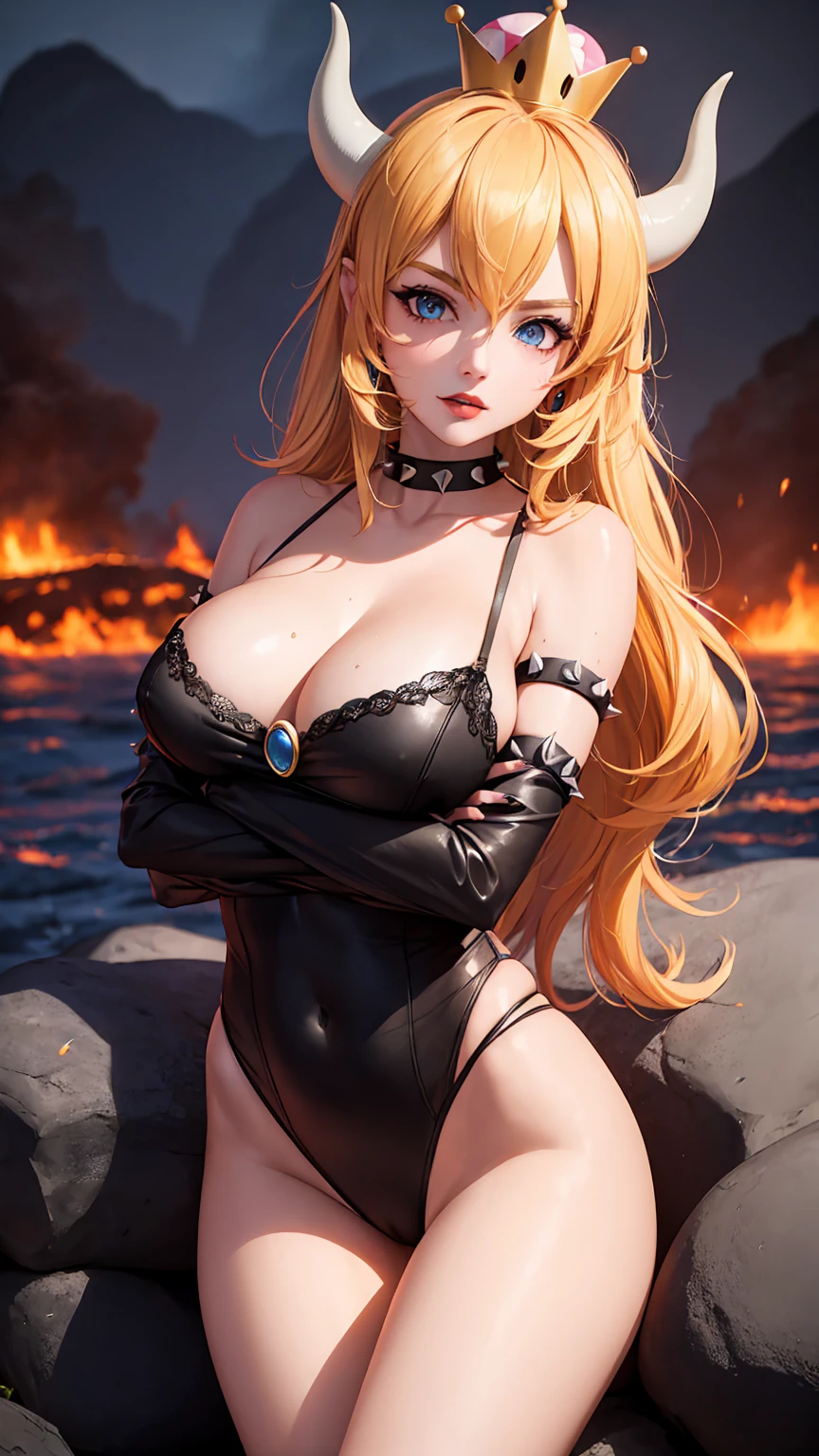 ((high detailed, best quality, 4k, masterpiece, hd:1.3)), ((best quality)), (((HD))), (((8k))), (ultraDH), (ultra HD), Princess Daisy, blue eyes, BREAK blue eyes, seductive, attractive, smooth anime cg art, 36C breasts, long legs, vivid colors, detailed digital art, slim body, perfect skin, dark blonde hair, long hair, blonde hair, blonde hair, BREAK crown, cleavage, 36C cleavage, looking at viewer, BREAK looking at viewer, extremely detailed face, red santa suit, red santa claus suit, santa claus suit, earrings, gem, dark black makeup lips, dark gothic eyeshadows, dark eyeshadows, black eyeshadows, black sexy lips, black lips, (dark:1.2), dark lips, very dark lips, (perfect hands, perfect anatomy), black makeup, black medium lips, black thick lips, detailed fingers, five fingers per hand, 5 fingers, (1 girl), detailed lips, detailed black lips, black painted lips, gothic painted lips, BREAK night, night sky, (breast focus), (arms outstreched:1.2), (from above:1.1), (breasts out:1.3), (off shoulder:1.1), (white horns), (lingerie), inside a lava castle, she inside a sea of lava, she bathing in lava, full body, perfect long legs, perfect foots, legs and foots into the lava,