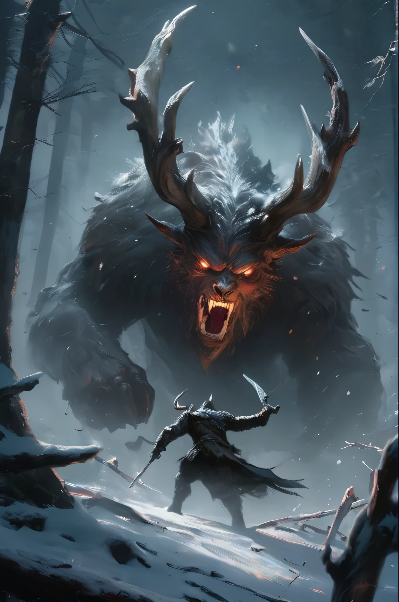 Bosstyle,extremely exaggerated composition,from_below,Monstrous blizzard with the fierce face of a bear,giant claws,engulfed in whiteout conditions,swirling snow,and buffeting winds. glowing glasses,Cinematic,mysterious,sinister,scary,wild,deadly,and beastly. A nightmarish masterpiece.,Masterpieces of horror, highest quality, (action shot, Motion blur), battle, greg latkowski, (Focus on a scary big wendigo seen in the distance, big size difference of the horns), fantasy, People who fight against it々, dark winter evening, Deep dark forest, Huge ancient tree, Fight, scenery, Mountain, outdoor, More than one person, Injured on the ground々, (Blood splattering in the air), Traces of the massacre, (indirect) moonlight, very detailed, High resolution, sharp, sharp image, 4k, 8K,Masterpieces of horror, highest quality, (action shot, Motion blur), battle, greg latkowski, (Focus on a scary big wendigo seen in the distance, big size difference of the horns), fantasy, People who fight against it々, dark winter evening, Deep dark forest, Huge ancient tree, Fight, scenery, Mountain, outdoor, More than one person, Injured on the ground々, (Blood splattering in the air), Traces of the massacre, (indirect) moonlight, very detailed, High resolution, sharp, sharp image, 4k, 8K