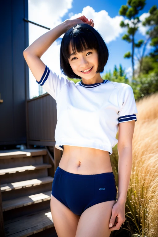 (8k, RAW Photos, highest quality, masterpiece:1.2), (Realistic, photo-Realistic:1.4), (Highly detailed 8k wallpaper), A beautiful Japanese woman with a lovely smile. Blue Bloomers, Short Bob,hair band, Black Hair, Are standing