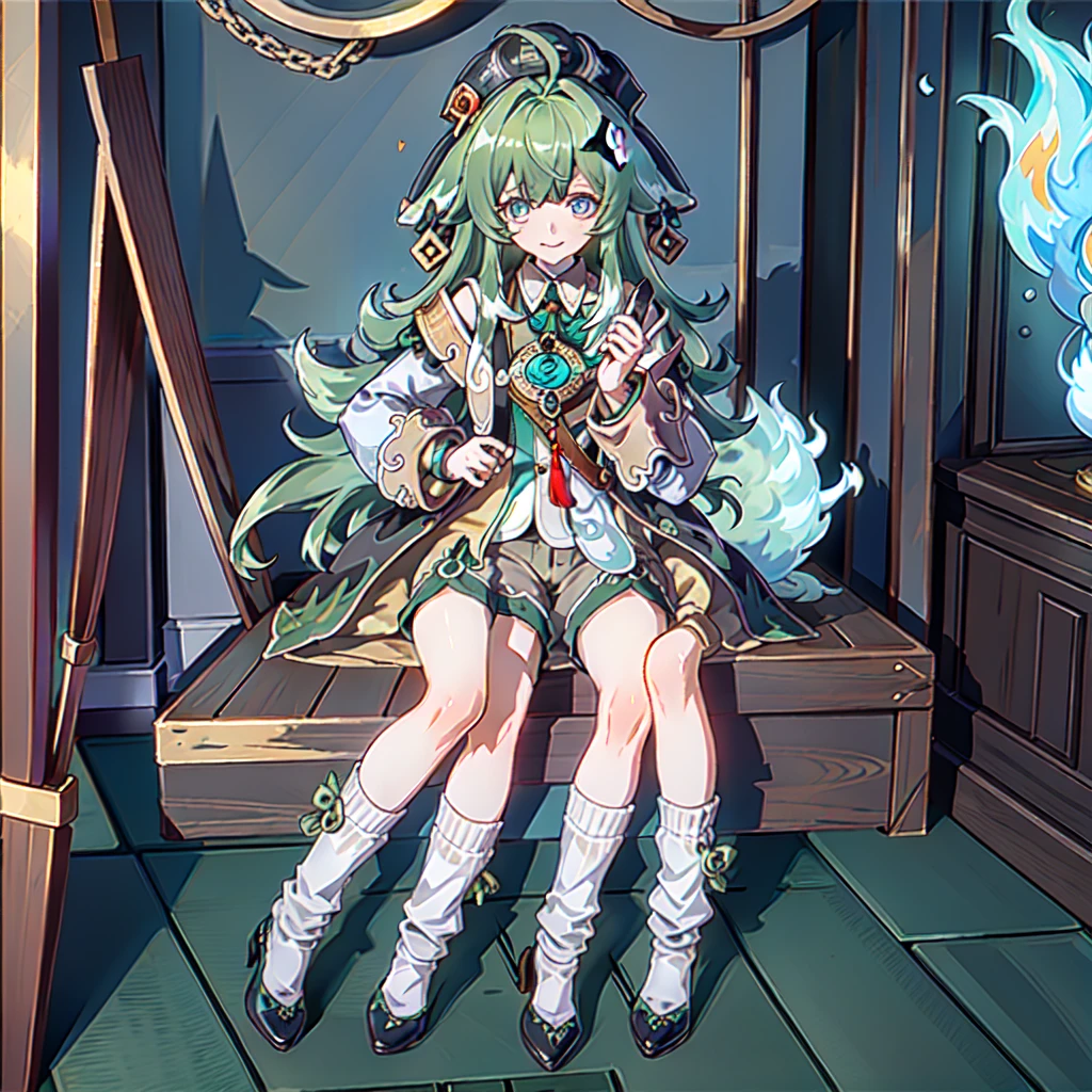 masterpiece, best quality, best light, best shadow, highly detailed, ultra detailed,huohuo, 1girl, solo, jiangshi_hat, ahoge, animal ears, yinyang_hair ornament, long sleeves, open dress, detached sleeves, weiba_fire tail, tassel jade, loose socks, shorts, shoes, > 