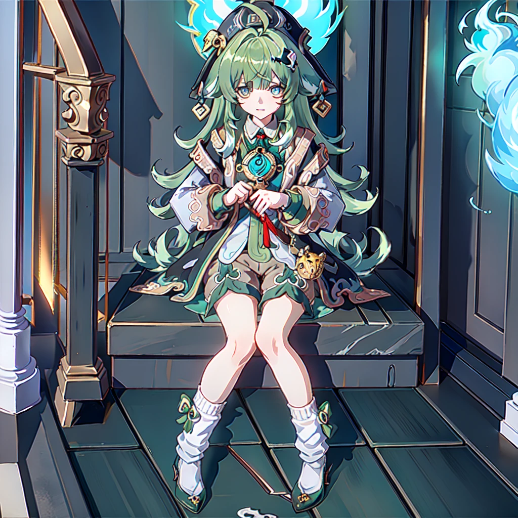 masterpiece, best quality, best light, best shadow, highly detailed, ultra detailed,huohuo, 1girl, solo, jiangshi_hat, ahoge, animal ears, yinyang_hair ornament, long sleeves, open dress, detached sleeves, weiba_fire tail, tassel jade, loose socks, shorts, shoes, > 