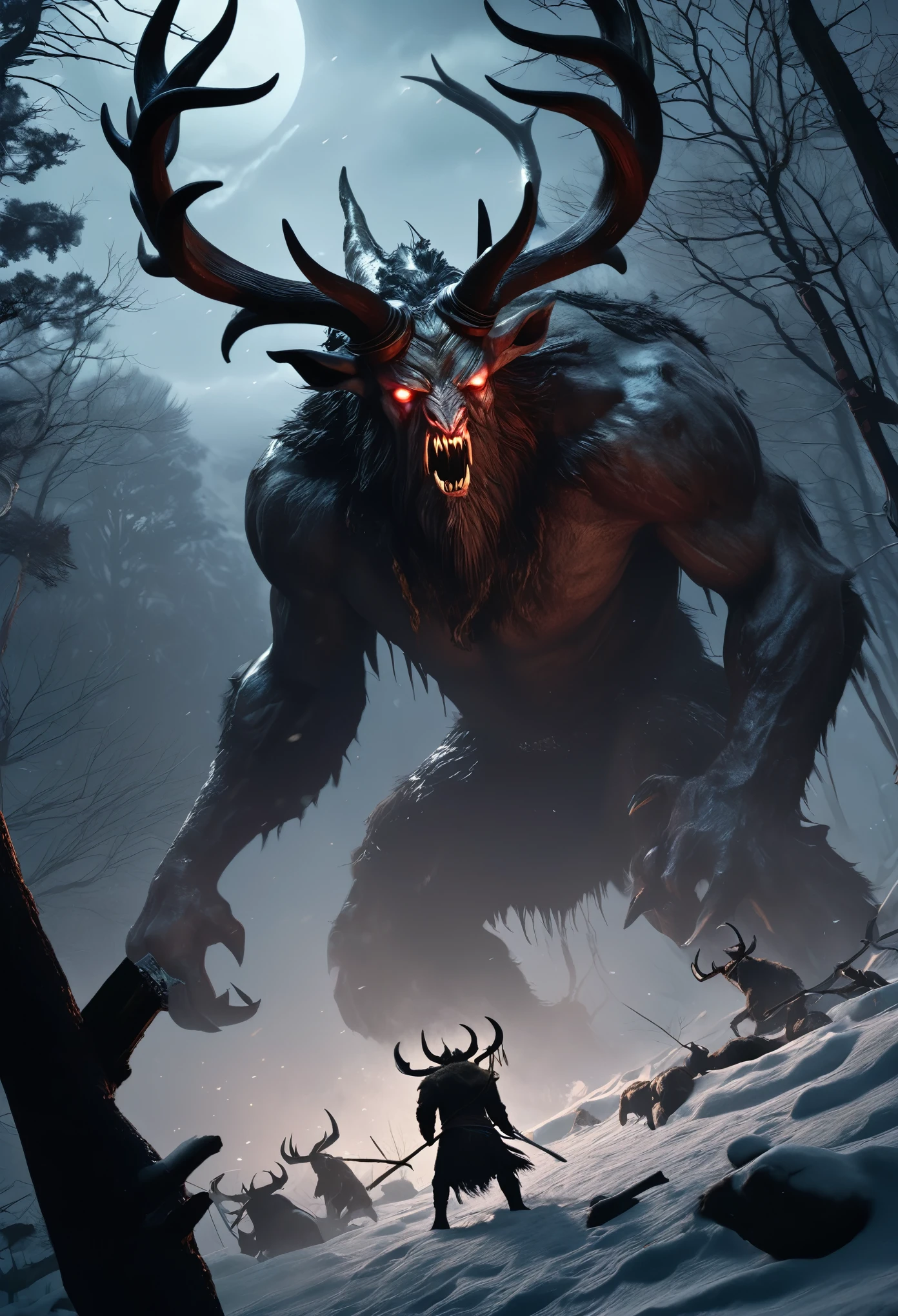 Masterpieces of horror, highest quality, (action shot, Motion blur), battle, greg latkowski, (Focus on a scary big wendigo seen in the distance, big size difference of the horns), fantasy, People who fight against it々, dark winter evening, Deep dark forest, Huge ancient tree, Fight, scenery, Mountain, outdoor, More than one person, Injured on the ground々, (Blood splattering in the air), Traces of the massacre, (indirect) moonlight, very detailed, High resolution, sharp, sharp image, 4k, 8K,Masterpieces of horror, highest quality, (action shot, Motion blur), battle, greg latkowski, (Focus on a scary big wendigo seen in the distance, big size difference of the horns), fantasy, People who fight against it々, dark winter evening, Deep dark forest, Huge ancient tree, Fight, scenery, Mountain, outdoor, More than one person, Injured on the ground々, (Blood splattering in the air), Traces of the massacre, (indirect) moonlight, very detailed, High resolution, sharp, sharp image, 4k, 8K,