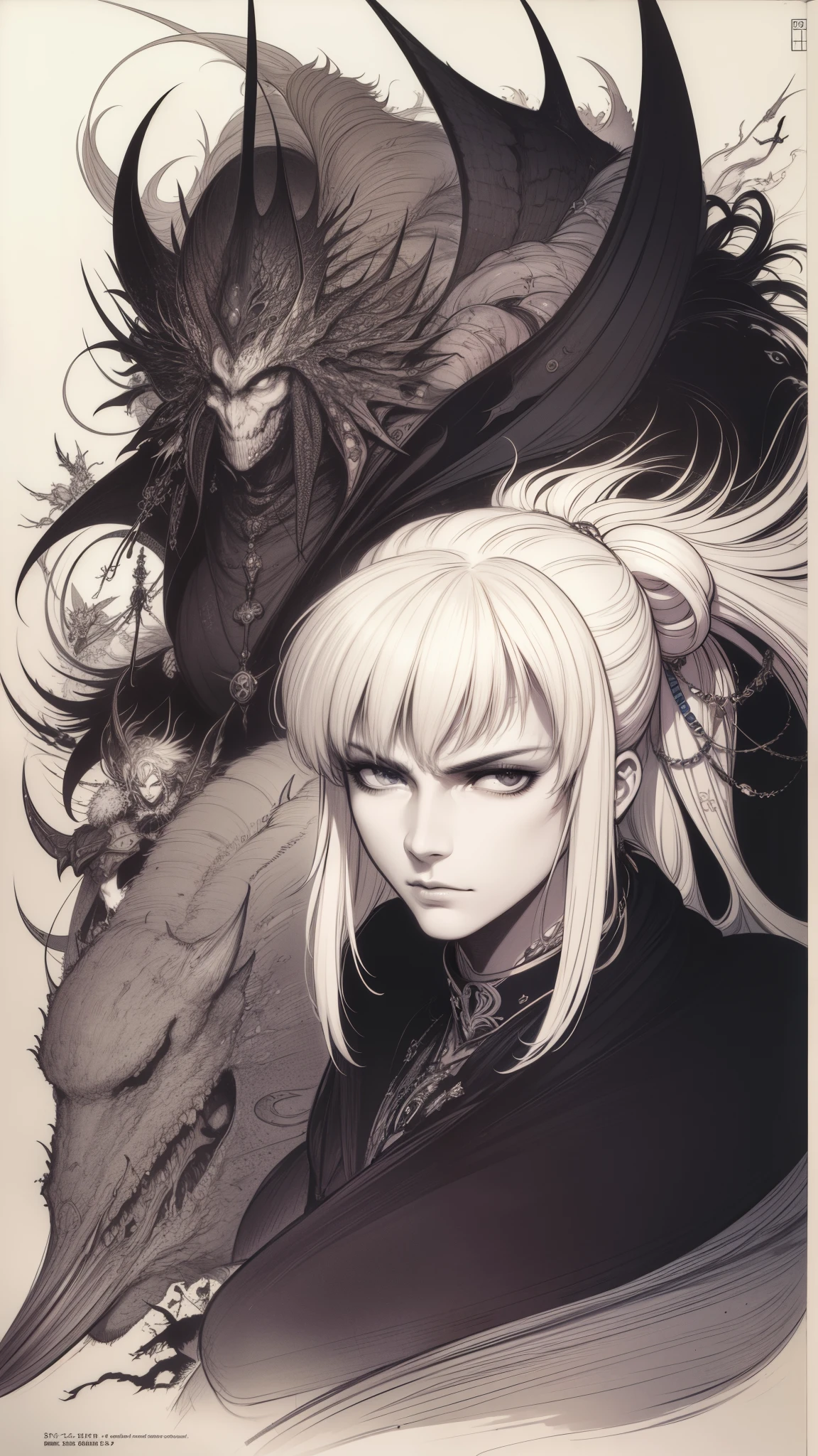 Black Knight、White background、line-drawing、pale color、holding swords、Fantastical、man 1(White hair)、Black dragon wraps around、by mucha、de pele branca、Hollow eyes、Rough sketch、coarser line、Painterly、Lively poses、Beautiful black cloak、Dracula、A slender、Blue feathers、Delicate touch、Thin lines、Equivocal faces、Black Mechanical Giant