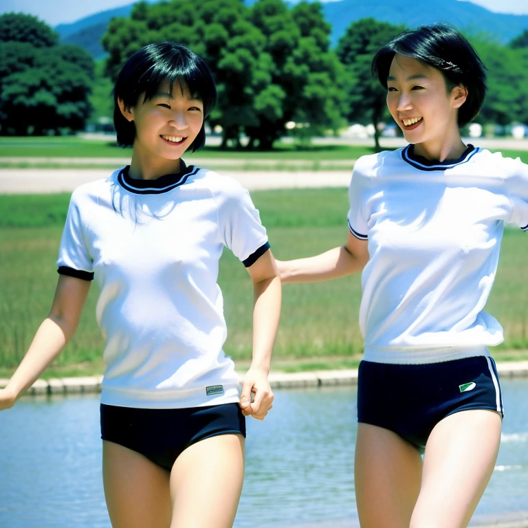 (8k, RAW Photos, highest quality, masterpiece:1.2), (Realistic, photo-Realistic:1.4), (Highly detailed 8k wallpaper), A beautiful Japanese woman with a lovely smile. Blue Bloomers, Short Bob,hair band, Black Hair, Are standing