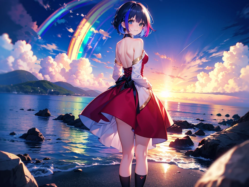 Red dress, blue eyes, Beautiful details、 Shining Eyes, (((Rainbow Hair)))、Black Hair、(((One Girl))),Multicolored Hair、Inner Color、28歳woman、Shortcuts、1 girl、Big smile、Beautiful sky、8K background、Medium Chest、whole body、woman、((((Place your arms behind your back)))),No sleeve、(((Black Knee High)))、Beautiful background