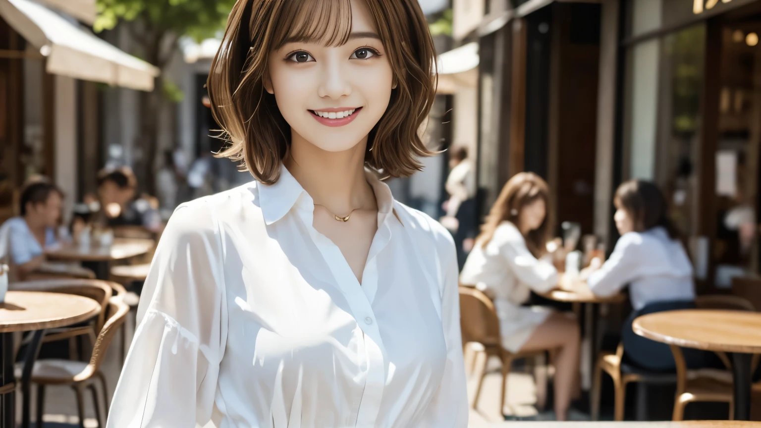 super high quality, short hair, thin, Photography Sculpture, The staff is working at the counter in the back.., (8k、RAW Photos、highest quality、masterpiece:1.2), Japanese Idols, People having fun at the cafe々Bustling with., (Realistic、Realistic:1.37), Mesh Hair, Urban Cafe, Golden Ratio, RAW Photos, Cute face , Light brown hair, Small breasts, Blurred Background, Spring Clothes, Curly Hair, Well designed furniture, Beautiful hairstyle, White shirt, Spoiled, Cafe Terrace, Open Cafe, 20-year-old, A kind smile, Hair blowing in the wind, Dress neatly,