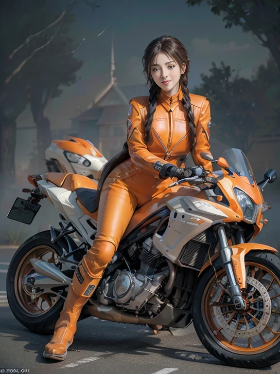 (realistic:1.5), (realistic:1.4), 8K, Ultra-high-definition beauty 1 person, intricate body details, (highest quality: 1.0), (Super high sharpness: 1.0), (thin hair:1.4),（Beautiful and delicate depiction of eyes）,((((riding a motorcycle)))),unreal engine:1.4,photorealistic:1.4, skin texture:1.4, masterpiece:1.8,highest quality at best, ((full body shot))、(((orange rider suit))、((Long leather pants and racing boots)))、long limbs、smile、((braided hair))Thai click wheel