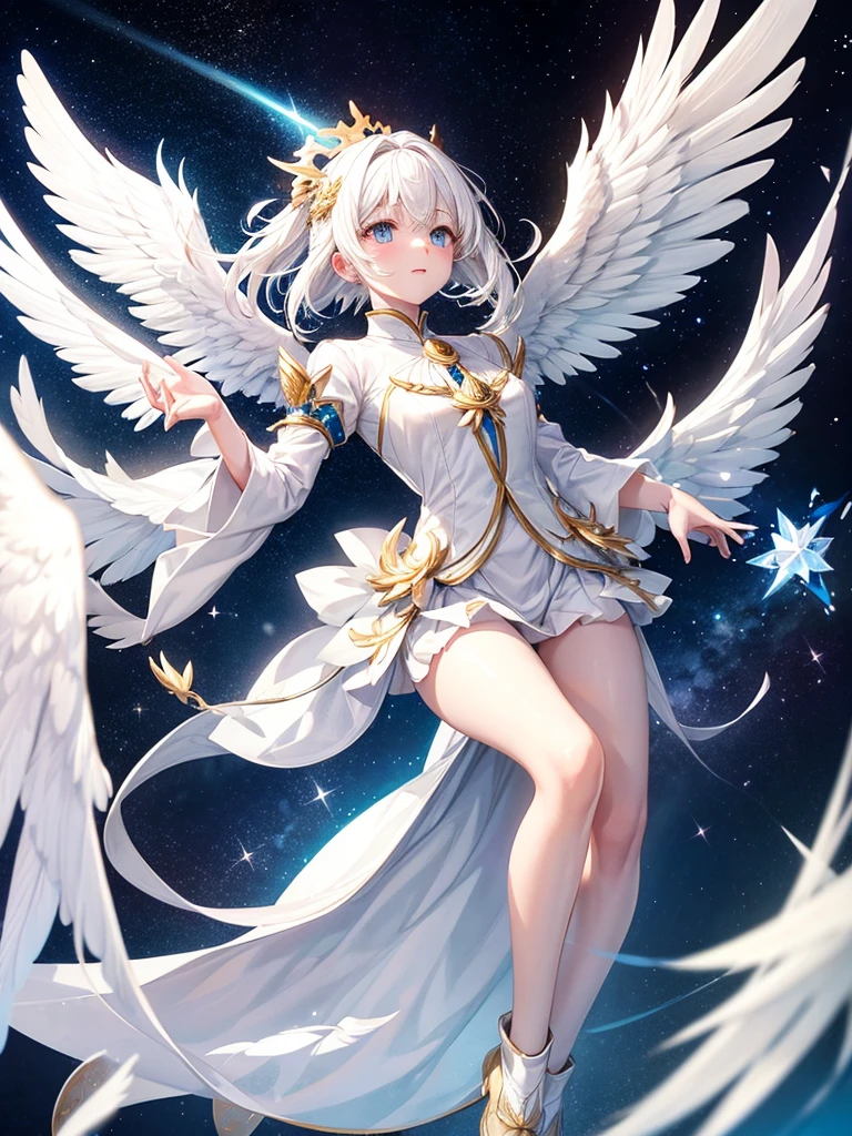 White hair girl with 4 white wings and celestial an celestial aura