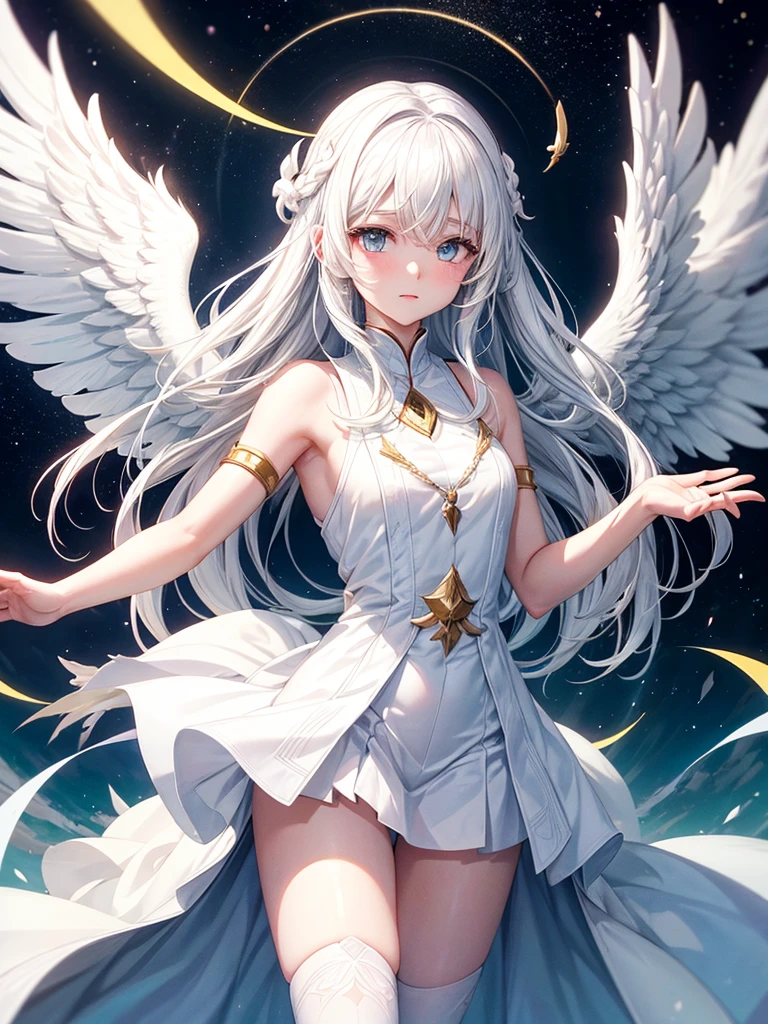 White hair girl with 4 white wings and celestial an celestial aura