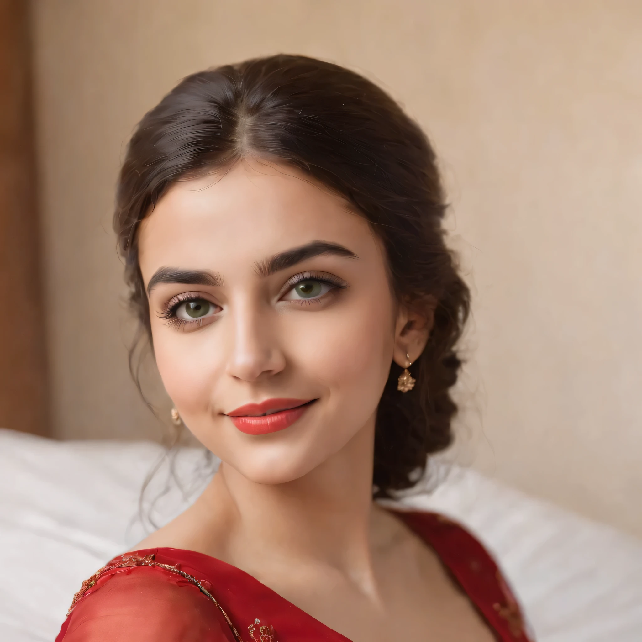 so beautiful Iranian girl with a wheatish complexion, an innocent and charming smile, large green eyes, wearing a red silky dress, her light brown hair flowing, black sun glasses, using mobile in bed room,