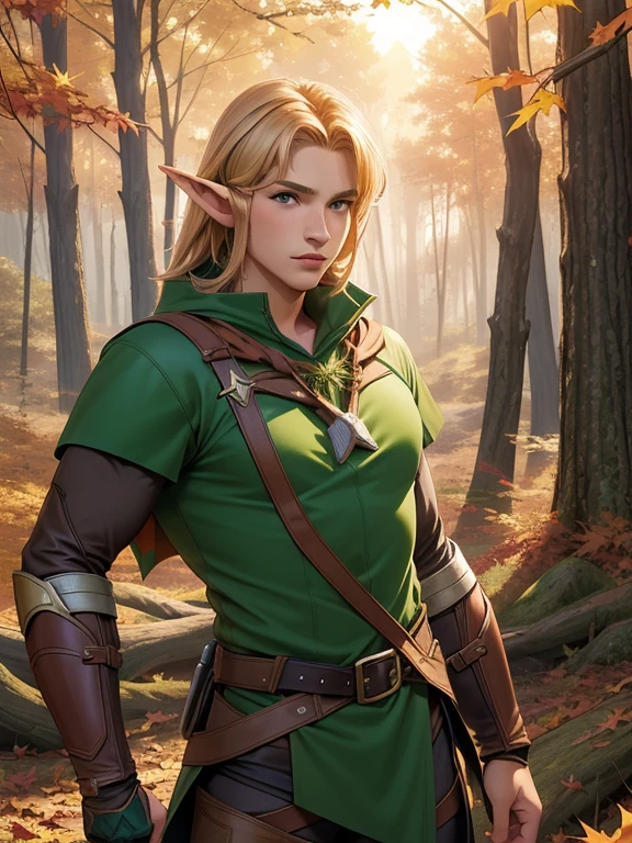Best quality, ((young adult male)), ((heroic build)), ((half-elf)), ((ranger)), hunter, leather, sunset, upper body, sexy, ((autumn forest))