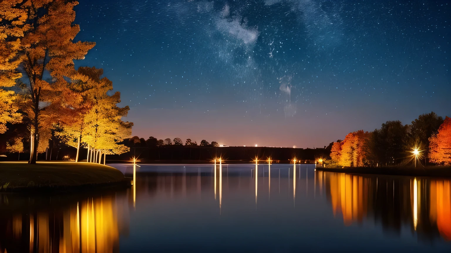 Mid-autumn night view，Not a single person，Beautiful views，The moon is reflected on the water waves，Heaven and earth are pure，Autumn colors are clear，Everything was beautiful，The starry sky hides its brilliance，Give way to moonshine，Golden wind and water dew reflect dazzling light，It is that the human world changes a lot，The moon is still permanent