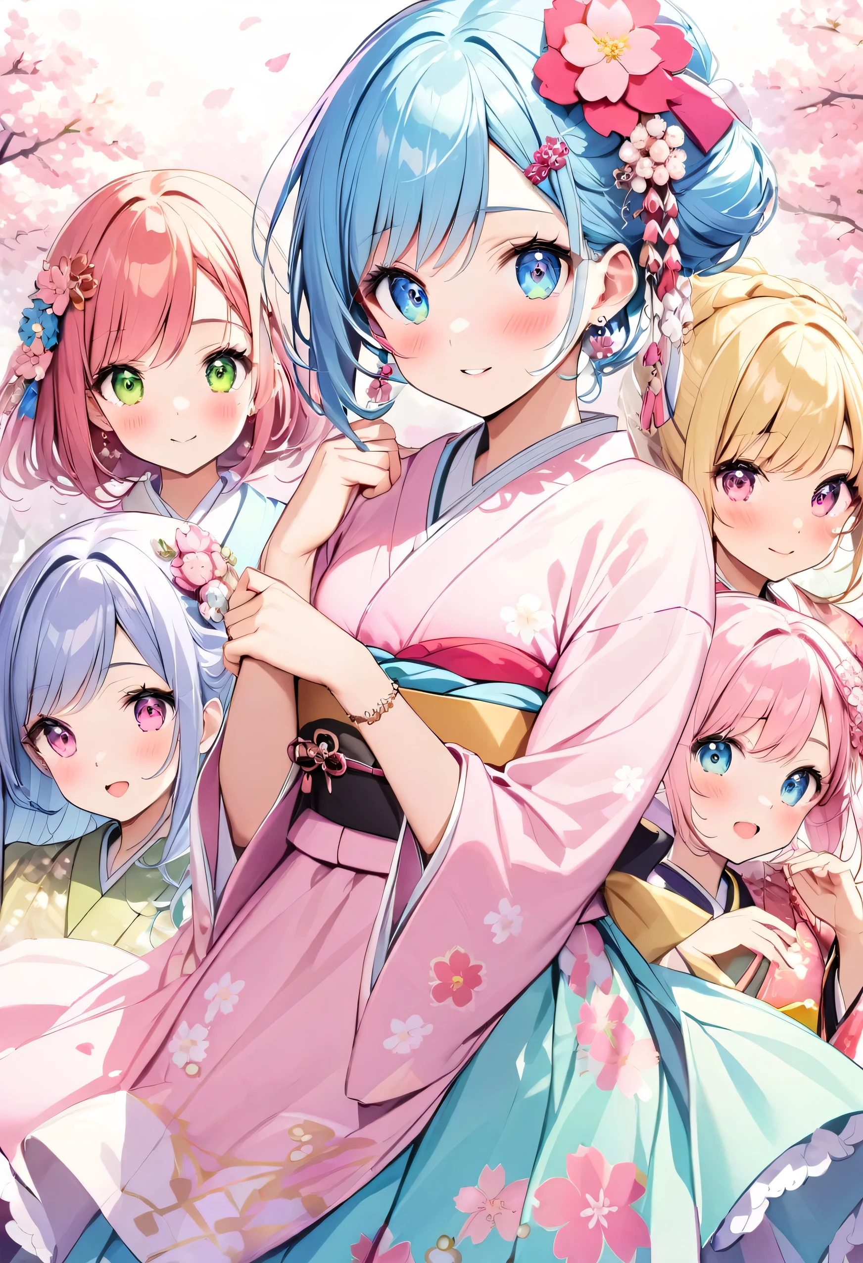 highest quality、High resolution、Detailed Background、(Beautiful face in every detail:1.4)、Anatomically correct、(Detailed facial expressions)、(Detailed eyes:1.2)、Beautiful, smooth skin、age beauty、(Three Women)、(Highly detailed face:1.4)、well-groomed eyebrows、 Adult Style、Sunny outdoors、
(Three beautiful girls having fun with their friends:1.5)、
For the color of the kimono, choose soft colors such as pretty pink, pale cherry blossom, and light blue to create a girly impression.、
Cherry blossoms and plum blossoms are timeless and long-loved patterns.、Small floral patterns are recommended.、
like々To bring out your beauty, it is a good idea to choose a kimono with a bright background color and a gorgeous pattern.、
Choose the color and pattern of the obi while considering how it will coordinate with your kimono.、
To emphasize cuteness, we recommend obi in soft colors or designs with small floral patterns or ribbons.、
You can also add a cute touch to your geta.、
Choose sandals with colorful floral patterns, glitter, or ribbons to add a touch of glamour to your feet.、
Simple and elegant accessories go well with Japanese clothing.、
Wearing earrings or a necklace with a small flower motif and a thin bracelet on your wrist will make you look even cuter.、
For hair accessories, try incorporating small hairpins or kanzashi with cherry blossom or plum blossom motifs.、
Consider an updo or a bun hairstyle that matches the design of your kimono and your personality.、
You can enjoy unique styling with hair accessories and hairpins.、
Add pink or cherry blossom blush to your natural and clean base makeup.、
Use soft colored eyeshadows to add a touch of glamour to your eyes.、
For your lips, choose a pale pink or cherry blossom color to make yourself look even cuter.