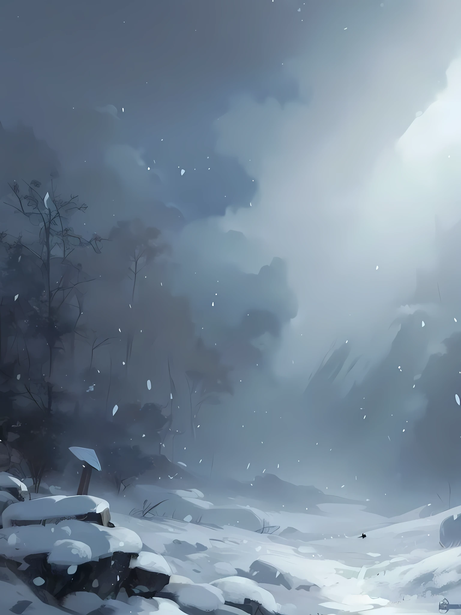 It&#39;s snowing heavily, snow flakes from the sky, North, Best quality, detailed background, gloomy atmosphere