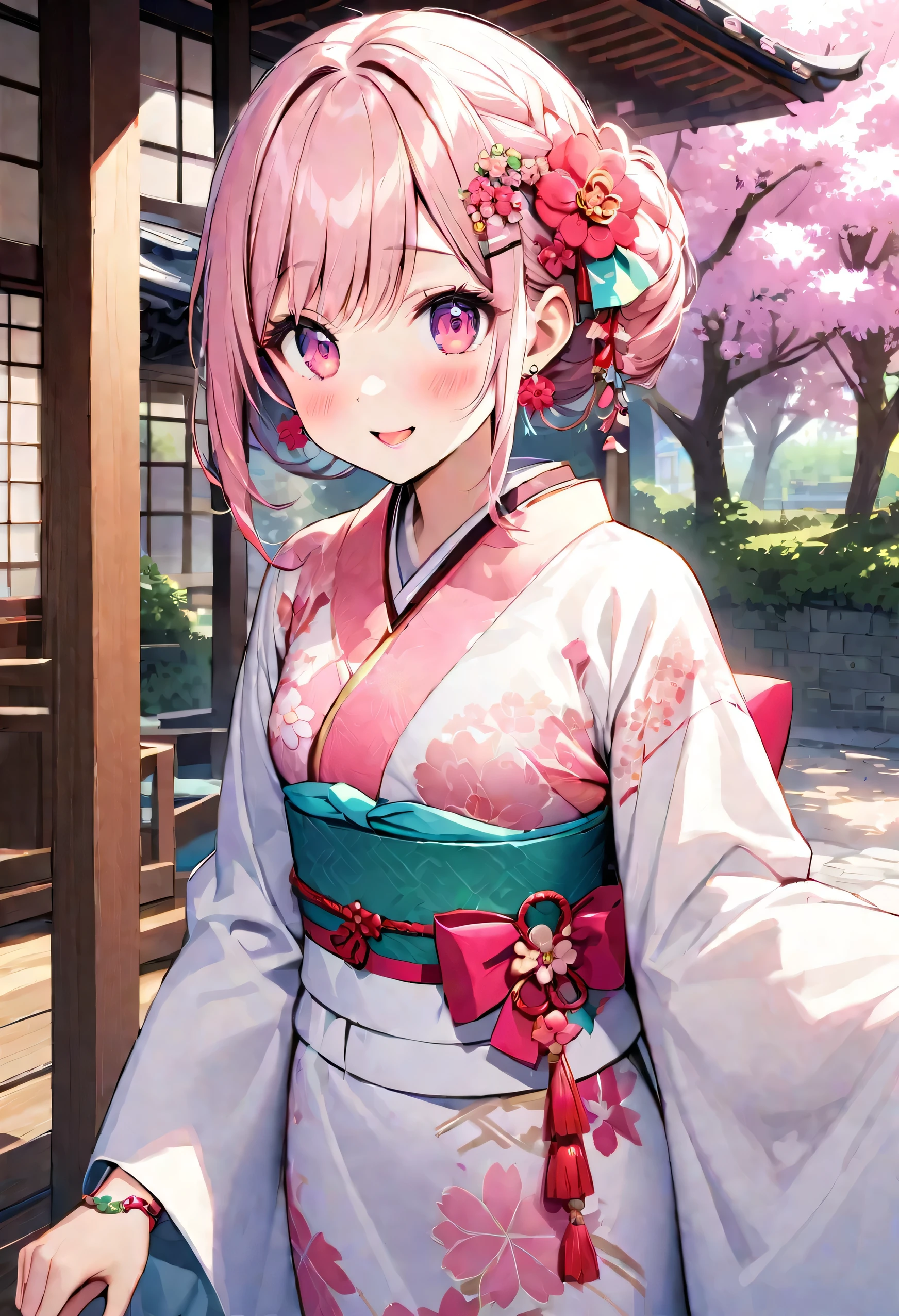 highest quality、High resolution、Detailed Background、(Beautiful face in every detail:1.4)、Anatomically correct、(Detailed facial expressions)、(Detailed eyes:1.2)、Beautiful, smooth skin、age beauty、(Three Women)、(Highly detailed face:1.4)、well-groomed eyebrows、 Adult Style、Sunny outdoors、
(Three beautiful girls having fun with their friends:1.5)、
For the color of the kimono, choose soft colors such as pretty pink, pale cherry blossom, and light blue to create a girly impression.、
Cherry blossoms and plum blossoms are timeless and long-loved patterns.、Small floral patterns are recommended.、
like々To bring out your beauty, it is a good idea to choose a kimono with a bright background color and a gorgeous pattern.、
Choose the color and pattern of the obi while considering how it will coordinate with your kimono.、
To emphasize cuteness, we recommend obi in soft colors or designs with small floral patterns or ribbons.、
You can also add a cute touch to your geta.、
Choose sandals with colorful floral patterns, glitter, or ribbons to add a touch of glamour to your feet.、
Simple and elegant accessories go well with Japanese clothing.、
Wearing earrings or a necklace with a small flower motif and a thin bracelet on your wrist will make you look even cuter.、
For hair accessories, try incorporating small hairpins or kanzashi with cherry blossom or plum blossom motifs.、
Consider an updo or a bun hairstyle that matches the design of your kimono and your personality.、
You can enjoy unique styling with hair accessories and hairpins.、
Add pink or cherry blossom blush to your natural and clean base makeup.、
Use soft colored eyeshadows to add a touch of glamour to your eyes.、
For your lips, choose a pale pink or cherry blossom color to make yourself look even cuter.