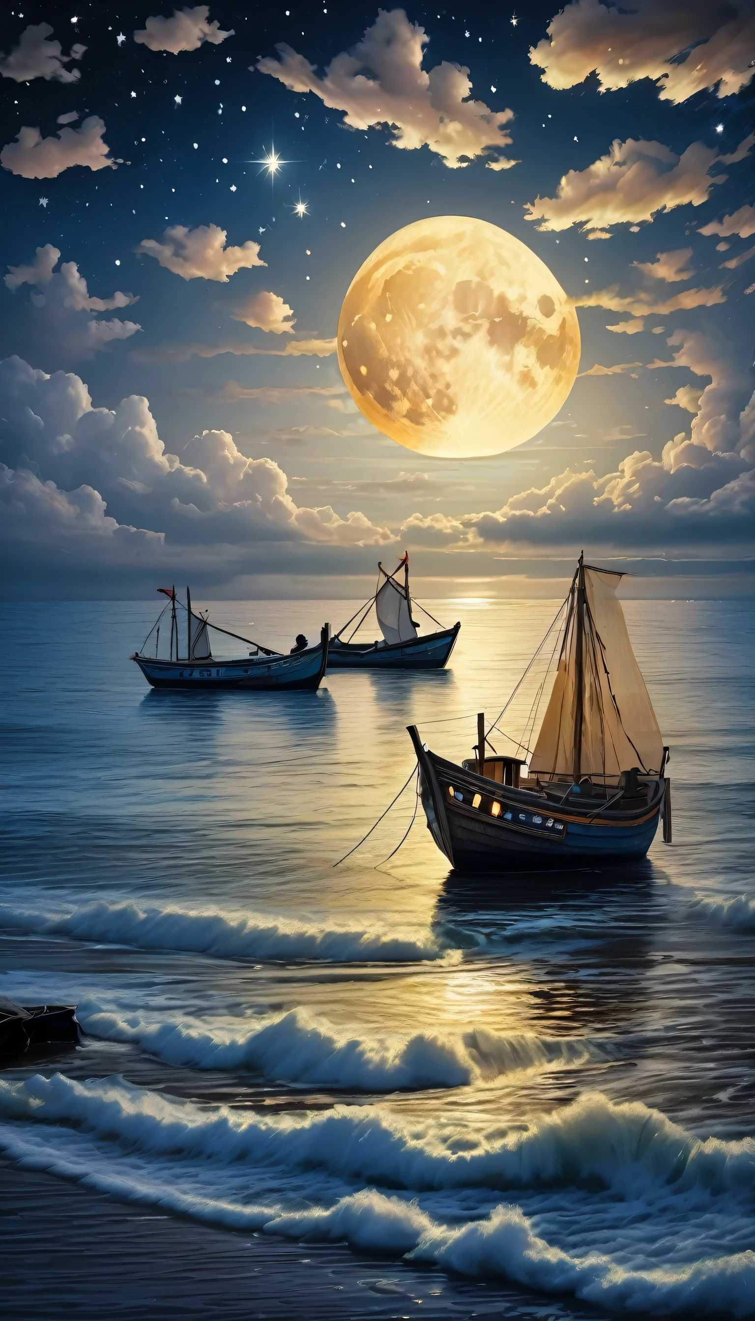Shining Sea, Ancient fishing village, boat, night, Stars in the sky, Fluffy Clouds, Bright Moon, Sharp focus,