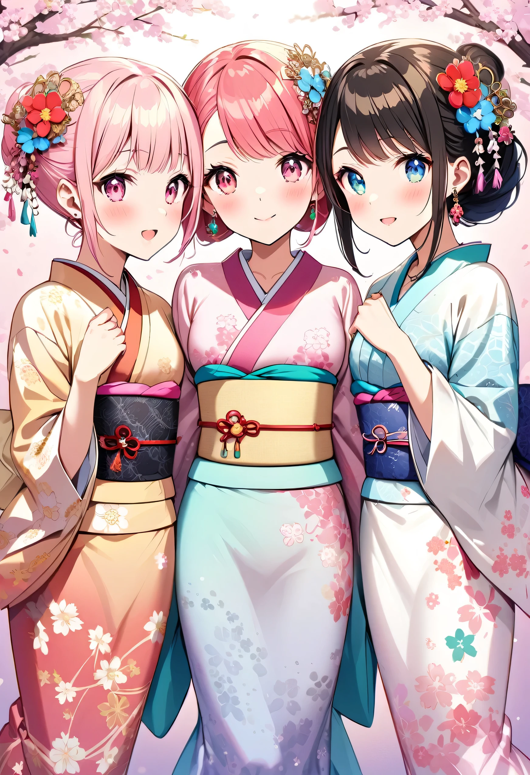 highest quality、High resolution、Detailed Background、(Beautiful face in every detail:1.4)、Anatomically correct、(Detailed facial expressions)、(Detailed eyes:1.2)、Beautiful, smooth skin、Teenage beauty、(Three Women)、(Highly detailed face:1.4)、well-groomed eyebrows、 Adult Style、Sunny outdoors、
(Three beautiful girls having fun with their friends:1.5)、
For the color of the kimono, choose soft colors such as pretty pink, pale cherry blossom, and light blue to create a girly impression.、
Cherry blossoms and plum blossoms are timeless and long-loved patterns.、Small floral patterns are recommended.、
like々To bring out your beauty, it is a good idea to choose a kimono with a bright background color and a gorgeous pattern.、
Choose the color and pattern of the obi while considering how it will coordinate with your kimono.、
To emphasize cuteness, we recommend obi in soft colors or designs with small floral patterns or ribbons.、
You can also add a cute touch to your geta.、
Choose sandals with colorful floral patterns, glitter, or ribbons to add a touch of glamour to your feet.、
Simple and elegant accessories go well with Japanese clothing.、
Wearing earrings or a necklace with a small flower motif and a thin bracelet on your wrist will make you look even cuter.、
For hair accessories, try incorporating small hairpins or kanzashi with cherry blossom or plum blossom motifs.、
Consider an updo or a bun hairstyle that matches the design of your kimono and your personality.、
You can enjoy unique styling with hair accessories and hairpins.、
Add pink or cherry blossom blush to your natural and clean base makeup.、
Use soft colored eyeshadows to add a touch of glamour to your eyes.、
For your lips, choose a pale pink or cherry blossom color to make yourself look even cuter.
