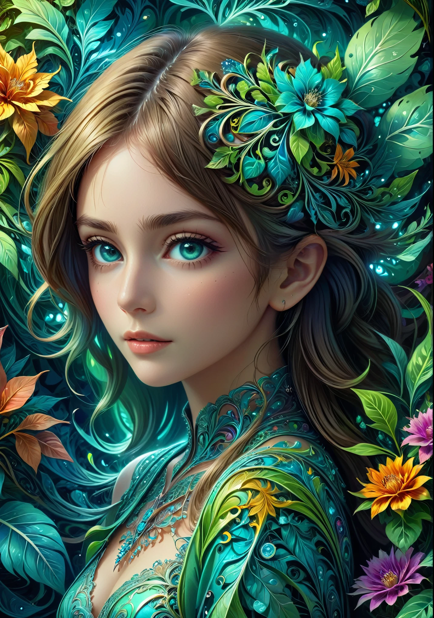 (masterpiece, highest quality, highest quality, Official Art, beautifully、aesthetic:1.2), (1 girl), Very detailed,(Fractal Art:1.3),colorful,Most detailed, Background with fractals and various floral and greenery details