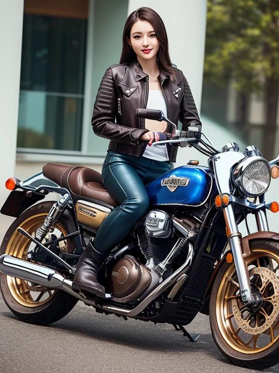 (Thai click wheel)(best quality)), ((masterpiece)), ((perfect face))、Detailed and clear photos、One slim rider woman、(((brown leather jacket, leather pants and long boots)))、(((Riding a motorcycle with detailed metallic colors)))、beautiful feet