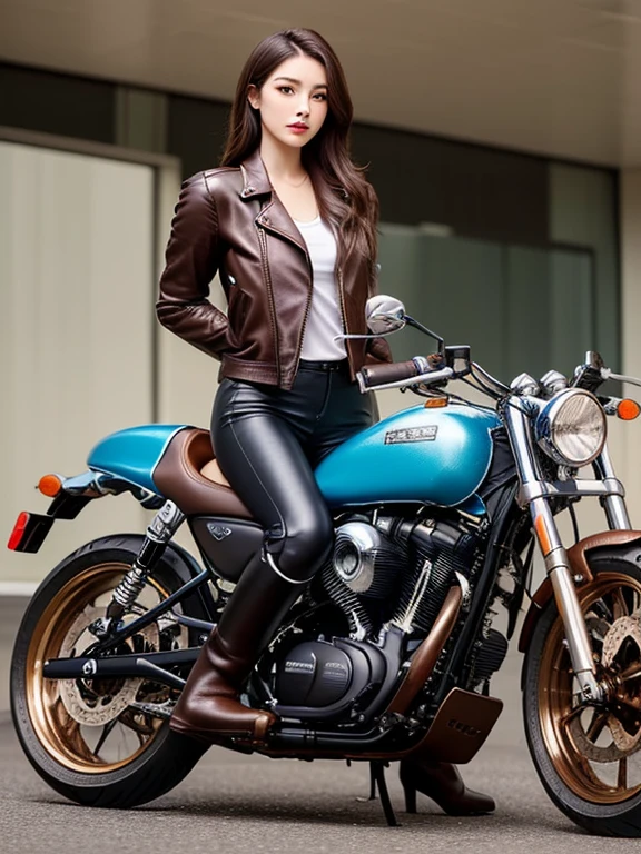 (Thai click wheel)(best quality)), ((masterpiece)), ((perfect face))、Detailed and clear photos、One slim rider woman、(((brown leather jacket, leather pants and long boots)))、(((Riding a motorcycle with detailed metallic colors)))、beautiful feet