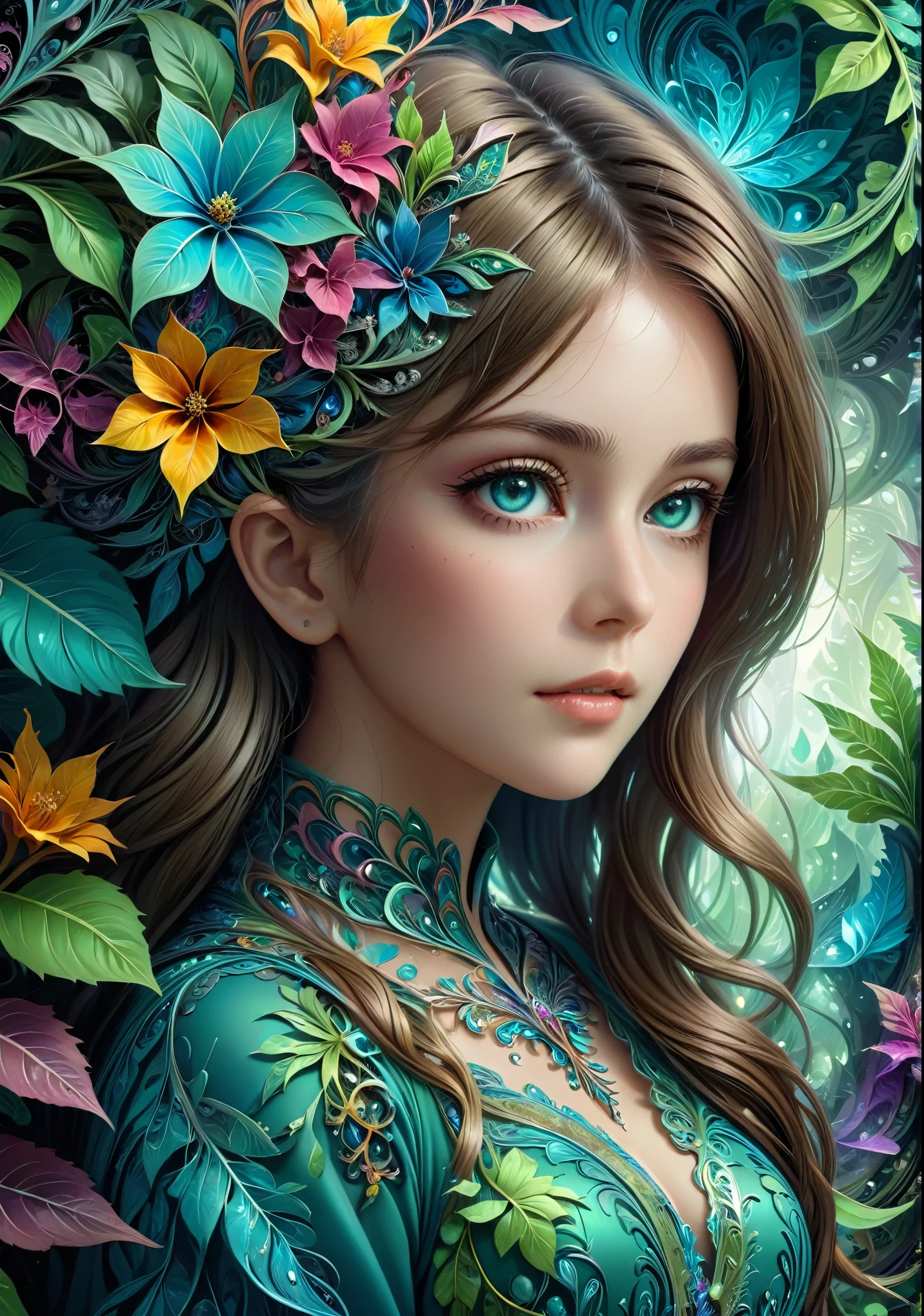 (masterpiece, highest quality, highest quality, Official Art, beautifully、aesthetic:1.2), (1 girl), Very detailed,(Fractal Art:1.3),colorful,Most detailed, Background with fractals and various floral and greenery details