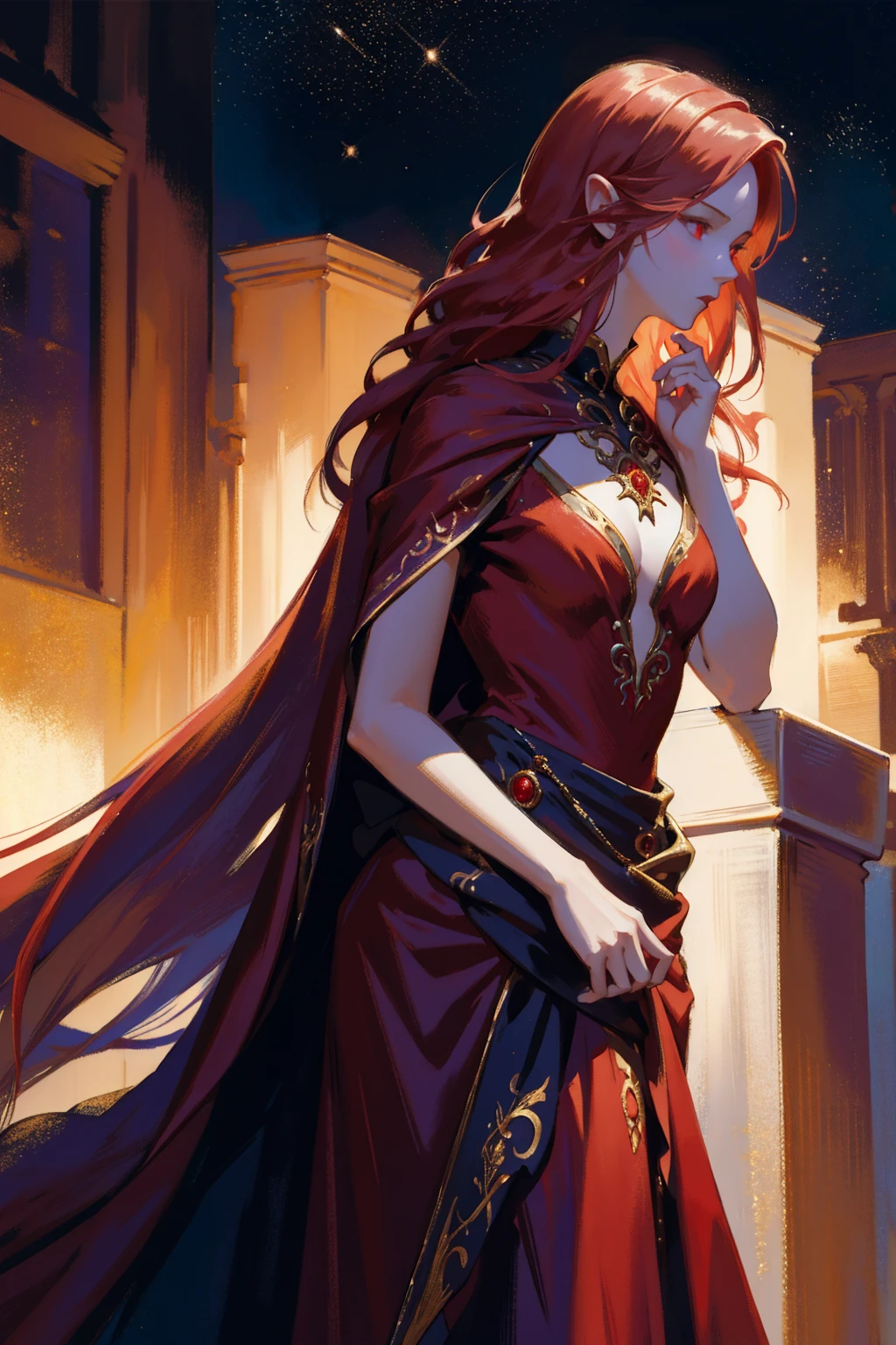 fullbody painting,detailed full body portrait,(The girl looks up at the stars), masterpiece, best quality, realistic illustration, regal elegant tiefling witch looking over porcelain balcony, arm support, (piercing red eyes), portrait, close-up, depth of field, (light particles:1.1), bloom, HDR, night sky, Mandy Jürgens (Mandy Jurgens) Realistic paintings created, arte figurativa, Detailed depiction of the, realistically, An artwork of, contours, seen from the side, simple backgound, fantasy, princess Targaryen, full-length, garden, red ginger hair, in a red and black dress embroidered with gold threads of rubies and diamonds, ((top-quality、masterpiece、photographrealistic:1.4、in 8K))、delicate and beautiful face、(Luxury red dress in medieval European style、Princess)、Luxury accessories、European-style castle、Cinematic lighting、Textured skin、Super Detail、high detailing、High quality、hight resolution