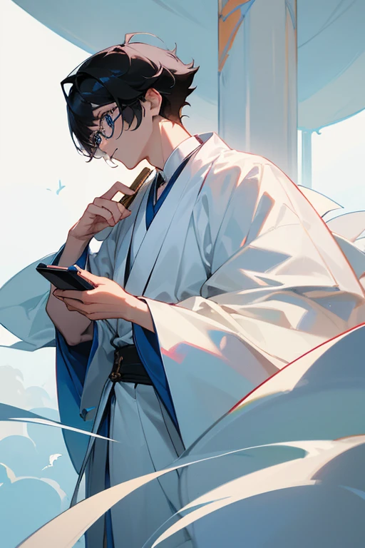 Masterpiece, best quality, ultra-detailed, 8K resolution, detailed picture, a 20-year-old boy in a yellow kimono with short hair (serious expression, sweating: 1.4), sitting on the sofa in the bedroom, (watching the video on the phone: 1.4), upper body display