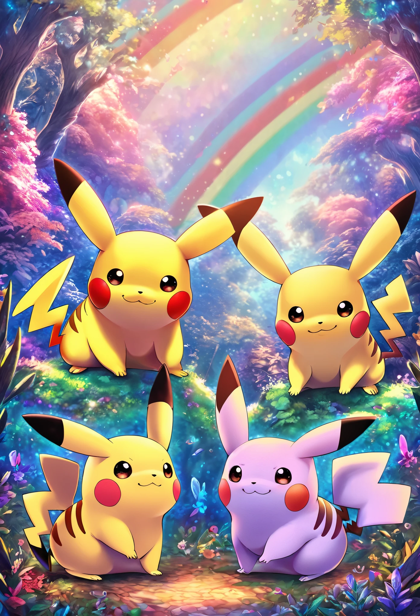 Pikachu, interesting, highest quality, highest quality, 16k, Big smile, Cute pose, in the forest, Fantasy world image, Fantastic and mysterious, Sparkling rainbow pastels and vibrant colors、Diverse visual style combining various artistic elements