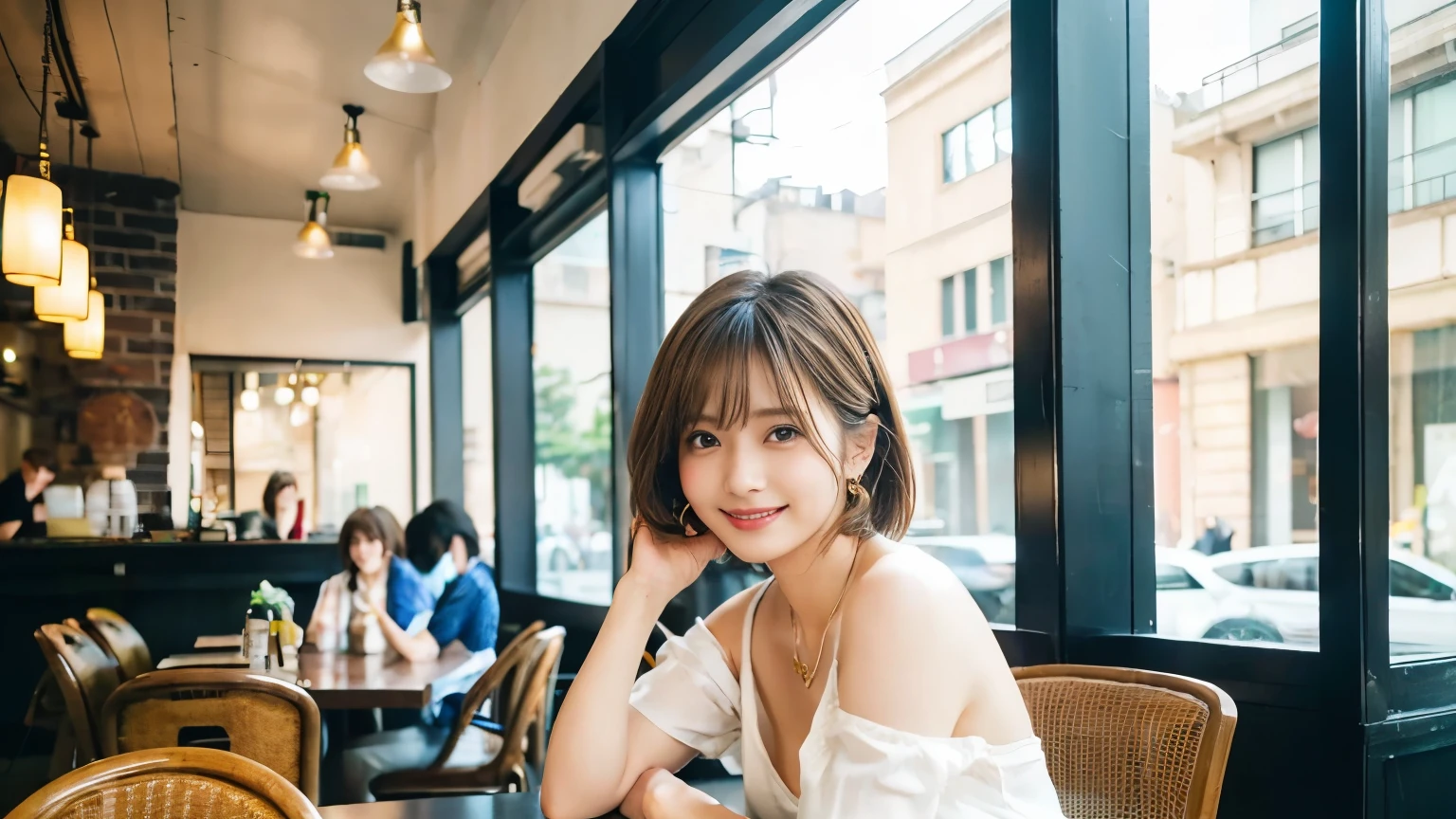 super high quality, Slender, Gravure photoshoot, The staff is working at the counter in the back., (8k、RAW Photos、highest quality、masterpiece:1.2), Japanese Idol, Sportswear, Stylish café, The cafe is crowded with people enjoying themselves., (Realistic、Photorealistic:1.37), Mesh Hair, Urban Cafe, Golden Ratio, Raw photo, Cute face , Light Brown Hair, Small breasts, Bright cafe interior, Blurred Background, Beauty salon model, Spring Clothes, Curly Hair, Beautiful hairstyle, Spoiled, Cafe Terrace, Open Cafe, Smile, Hair blowing in the wind, Neat clothes, 18-year-old, younger sister, 

