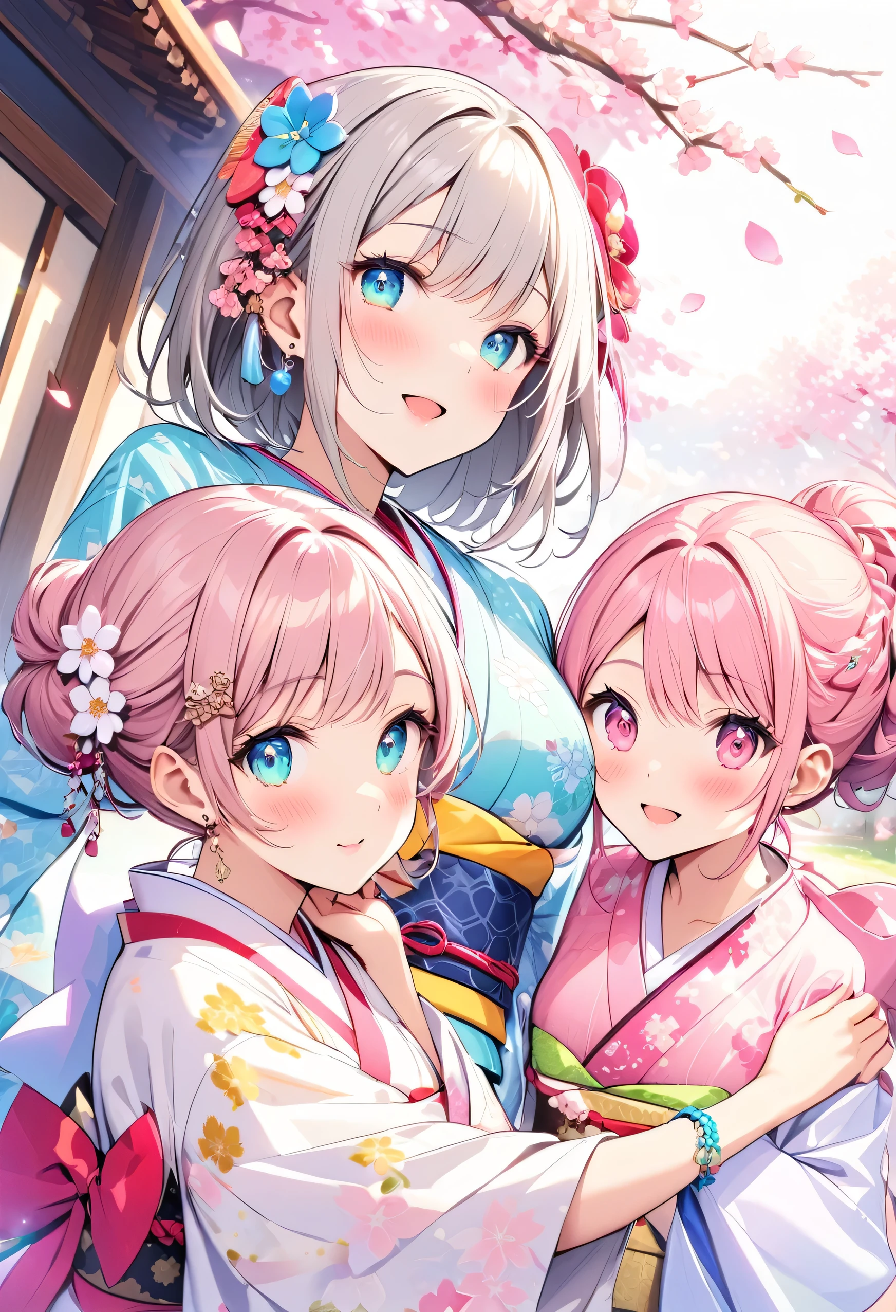 highest quality、High resolution、Detailed Background、(Beautiful face in every detail:1.4)、Anatomically correct、(Detailed facial expressions)、(Detailed eyes:1.2)、Beautiful, smooth skin、Teenage beauty、(Three Women)、(Highly detailed face:1.4)、well-groomed eyebrows、 Adult Style、Sunny outdoors、

(Three beautiful girls having fun with their friends:1.5)、

For the color of the kimono, choose soft colors such as pretty pink, pale cherry blossom, and light blue to create a girly impression.、
Cherry blossoms and plum blossoms are timeless and long-loved patterns.、Small floral patterns are recommended.、
like々To bring out your beauty, it is a good idea to choose a kimono with a bright background color and a gorgeous pattern.、

Choose the color and pattern of the obi while considering how it will coordinate with your kimono.、
To emphasize cuteness, we recommend obi in soft colors or designs with small floral patterns or ribbons.、

You can also add a cute touch to your geta.、
Choose sandals with colorful floral patterns, glitter, or ribbons to add a touch of glamour to your feet.、

Simple and elegant accessories go well with Japanese clothing.、
Wearing earrings or a necklace with a small flower motif and a thin bracelet on your wrist will make you look even cuter.、
For hair accessories, try incorporating small hairpins or kanzashi with cherry blossom or plum blossom motifs.、

Consider an updo or a bun hairstyle that matches the design of your kimono and your personality.、
You can enjoy unique styling with hair accessories and hairpins.、

Add pink or cherry blossom blush to your natural and clean base makeup.、
Use soft colored eyeshadows to add a touch of glamour to your eyes.、
For your lips, choose a pale pink or cherry blossom color to make yourself look even cuter.