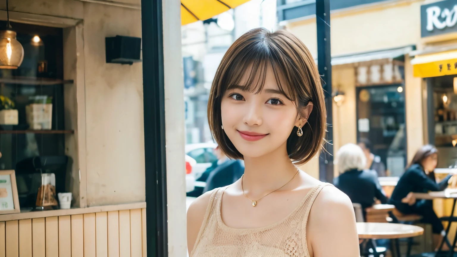 super high quality, Short Hair, Slender, Gravure photoshoot, The staff is working at the counter in the back., (8k、RAW Photos、highest quality、masterpiece:1.2), Japanese Idol, Shaggy, Sportswear, Stylish café, The cafe is crowded with people enjoying themselves., (Realistic、Photorealistic:1.37), Mesh Hair, Urban Cafe, Golden Ratio, Raw photo, Cute face , Light Brown Hair, Earrings, Small breasts, Bright cafe interior, Spring Clothes, necklace, Spoiled, Cafe Terrace, Open Cafe, Open Cafeの前に高級車, Smile, Hair blowing in the wind, Neat clothes, 18-year-old, younger sister, 
