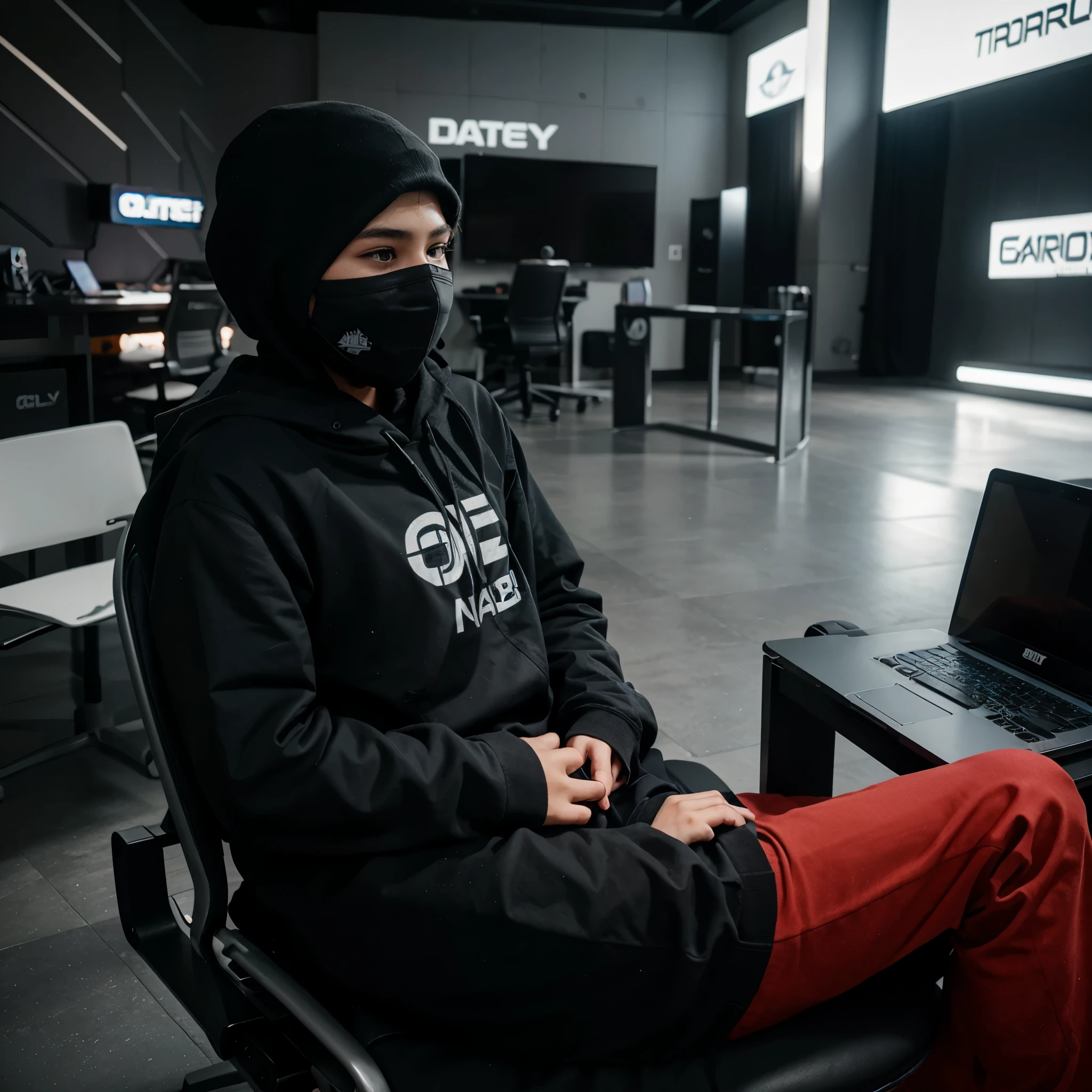 A  A gamer sit on chair and play call of duty mobile play on laptop and cover her face with black mask