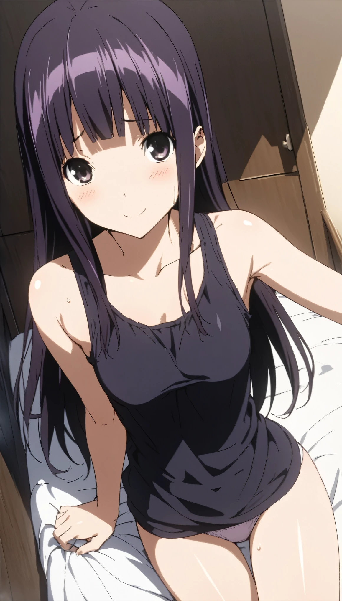 ((masterpiece, highest quality:1.2)),in perspective,cowboy shot,1woman,18 year old beauty、solo,long hair,dark purple hair,(very small head),shy,smile,slender and long body,skinny,medium breasts,oily skin,shiny skin,Waking up、Tank top、panties、lying,Simple bed、simple interior、early morning、Tokyo、