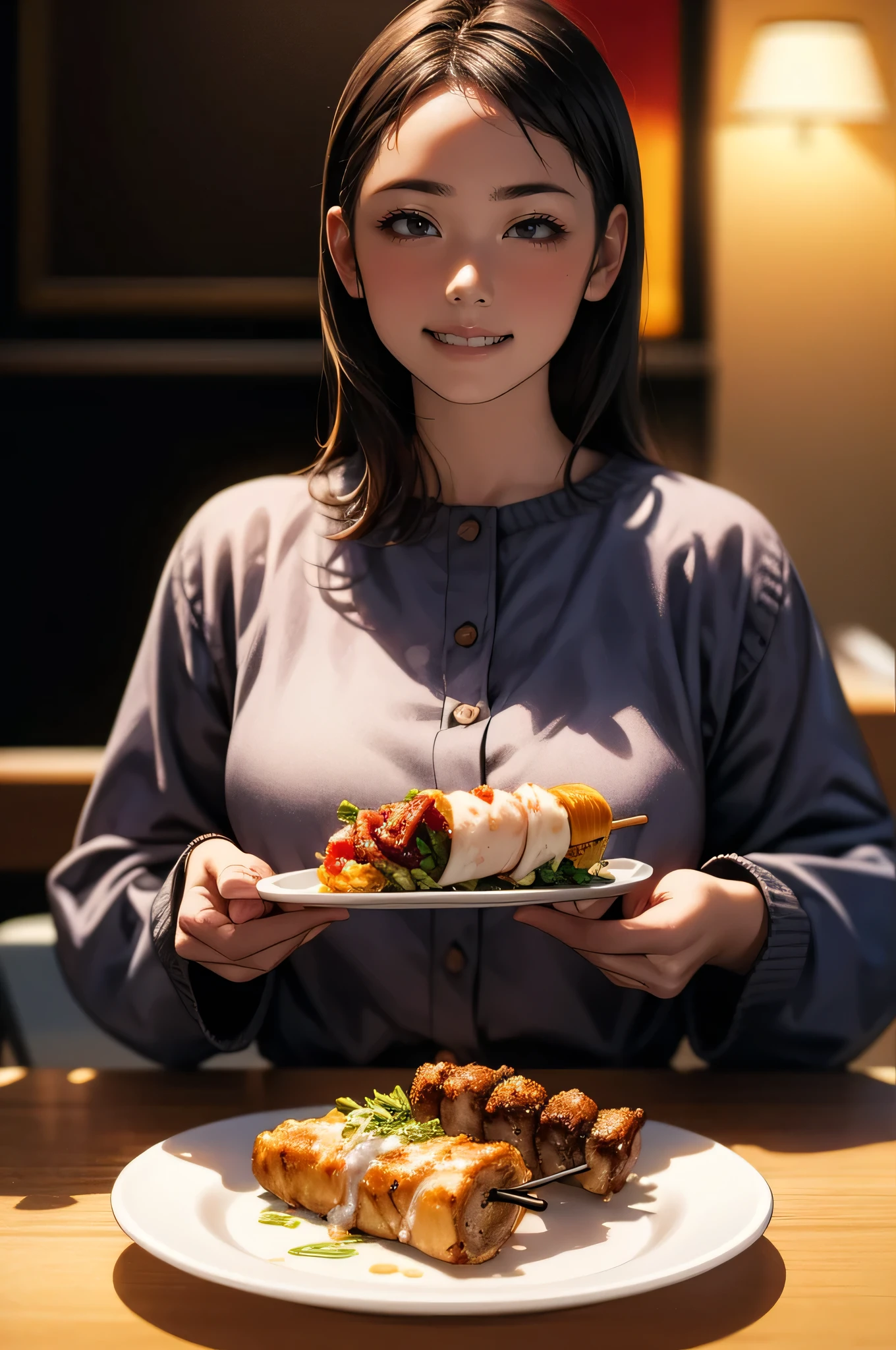 (highest quality,4K,8k,High resolution,masterpiece:1.2),Very detailed,(Realistic,photoRealistic,photo-Realistic:1.37), Savage woman, Eat yakitori with enthusiasm, Savor the flavor, With a satisfied smile. She is enjoying a meal and drinking red wine.. On her plate、A mountain of appetizing food. The atmosphere is lively、The lighting is warm and inviting.