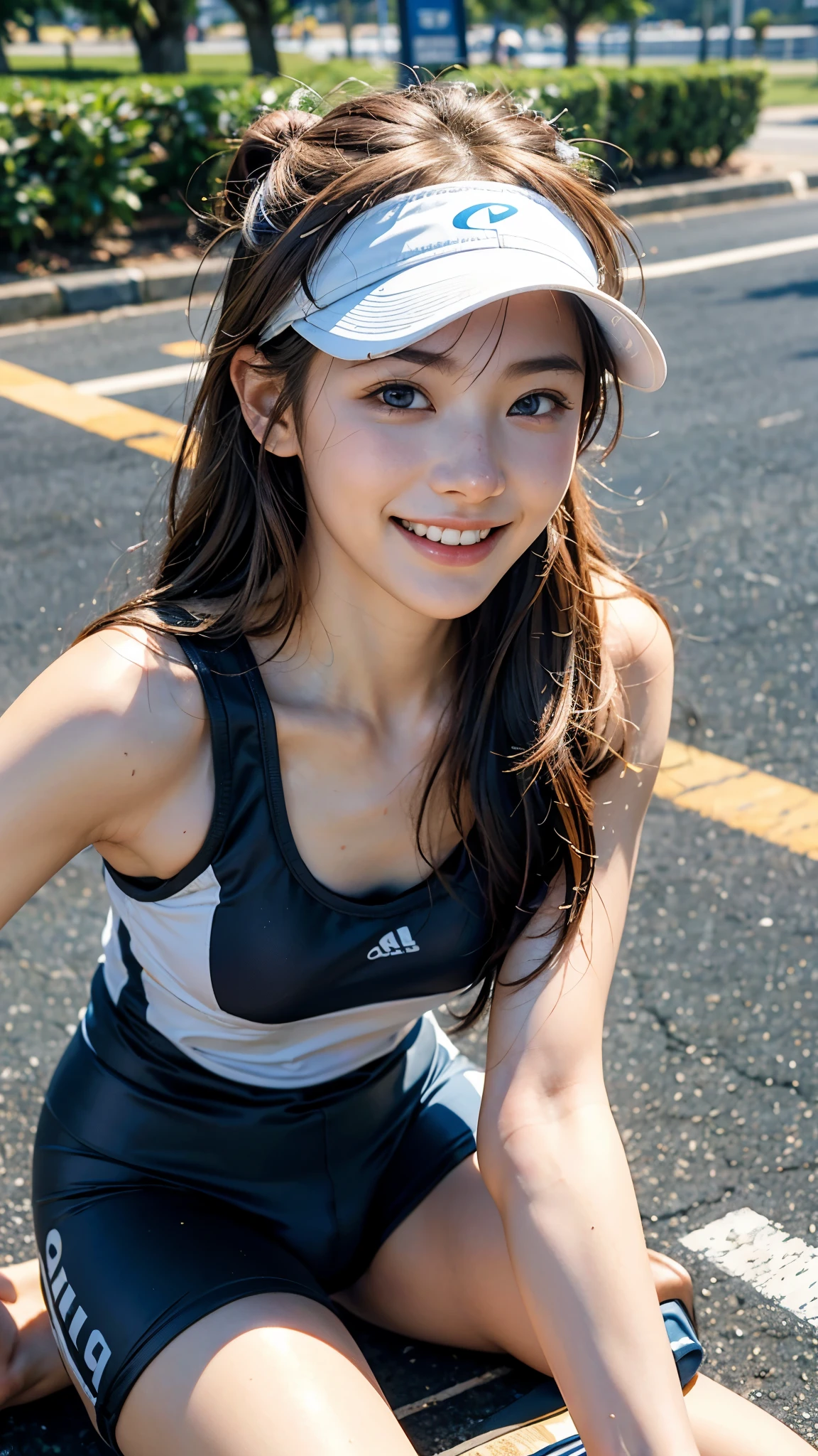 highest quality, masterpiece, Ultra-high resolution, (Realistic:1.6),Cloudy weather, (Close-up portrait) RAW Photos, 1 girl,22 years old,((Yokohama Triathlon)),((Transitioning to road bikes)),((Please look up)),,((Triathlon Championships)),Hair Bun,((Sun visor)),((Bun Hair)),Realistic,)),((Smiling with teeth showing)),((Big smile))