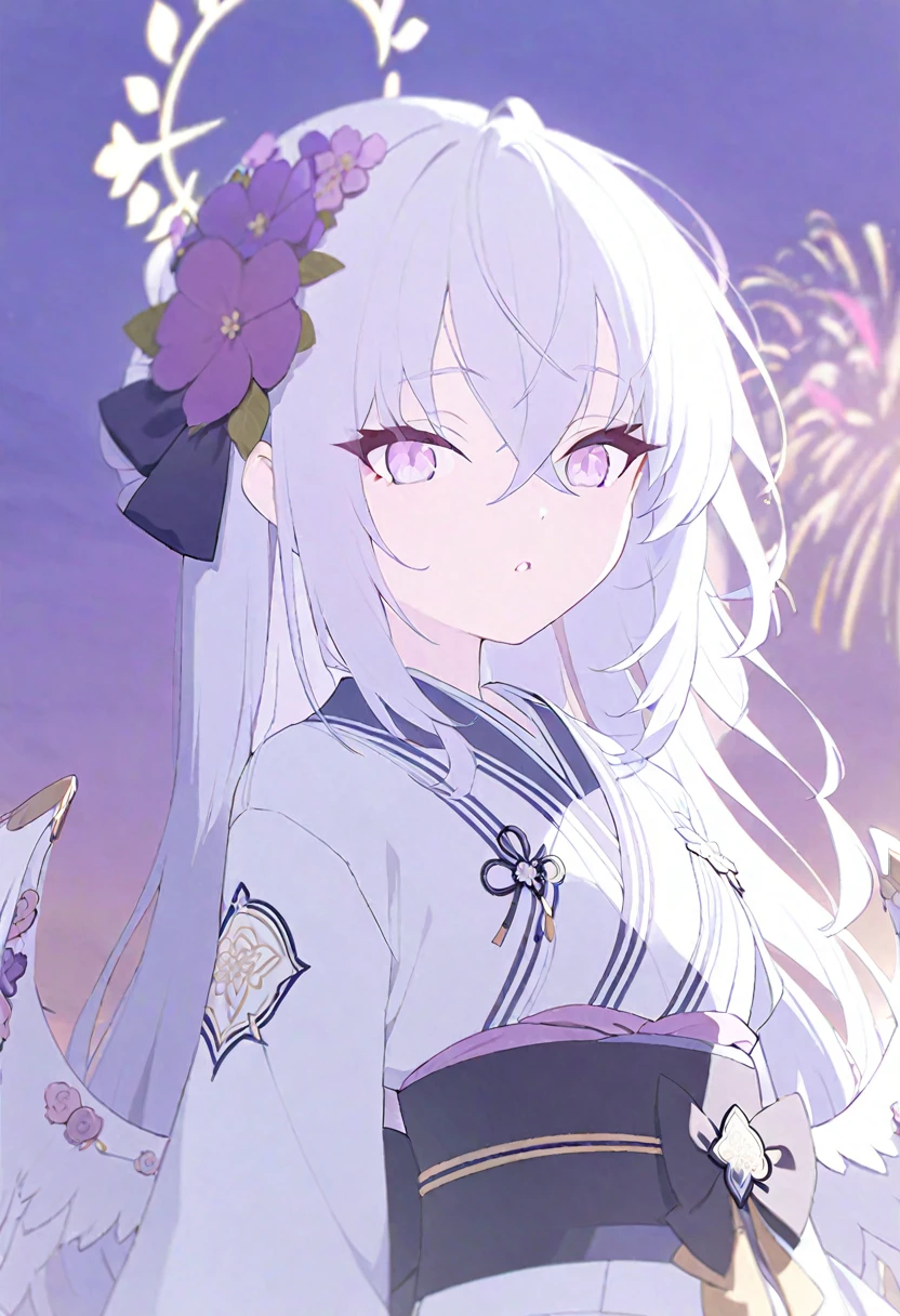  azusa \(blue archive\),1girl alternate_costume angel_wings blurry depth_of_field feathered_wings flower hair_between_eyes hair_flower hair_ornament halo holding_fireworks japanese_clothes kimono long_hair long_sleeves night night_sky obi outdoors parted_lips purple_eyes sash sidelocks sky solo white_hair white_wings wide_sleeves wings yukata