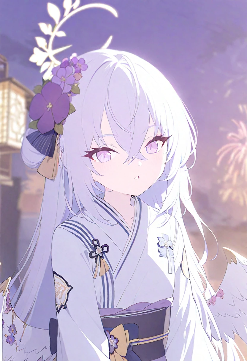 azusa \(blue archive\),1girl alternate_costume angel_wings blurry depth_of_field feathered_wings flower hair_between_eyes hair_flower hair_ornament halo holding_fireworks japanese_clothes kimono long_hair long_sleeves night night_sky obi outdoors parted_lips purple_eyes sash sidelocks sky solo white_hair white_wings wide_sleeves wings yukata