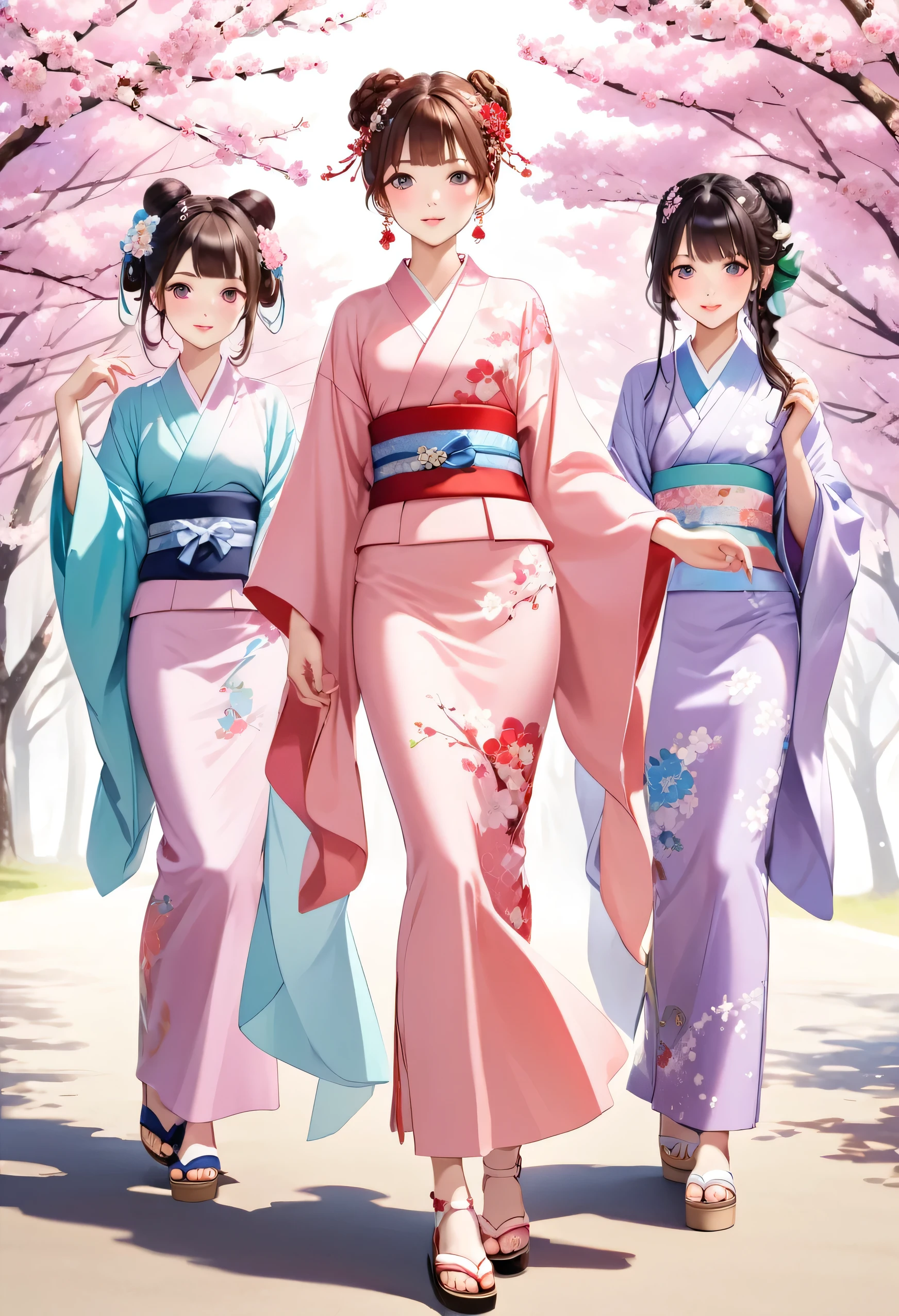 highest quality、High resolution、Detailed Background、(Beautiful face in every detail:1.4)、Anatomically correct、(Detailed facial expressions)、(Detailed eyes:1.2)、Beautiful, smooth skin、Teenage beauty、(Three Women)、(Highly detailed face:1.4)、well-groomed eyebrows、 Adult Style、Sunny outdoors、

(Three beautiful girls having fun with their friends:1.5)、

For the color of the kimono, choose soft colors such as pretty pink, pale cherry blossom, and light blue to create a girly impression.、
Cherry blossoms and plum blossoms are timeless and long-loved patterns.、Small floral patterns are recommended.、
like々To bring out your beauty, it is a good idea to choose a kimono with a bright background color and a gorgeous pattern.、

Choose the color and pattern of the obi while considering how it will coordinate with your kimono.、
To emphasize cuteness, we recommend obi in soft colors or designs with small floral patterns or ribbons.、

You can also add a cute touch to your geta.、
Choose sandals with colorful floral patterns, glitter, or ribbons to add a touch of glamour to your feet.、

Simple and elegant accessories go well with Japanese clothing.、
Wearing earrings or a necklace with a small flower motif and a thin bracelet on your wrist will make you look even cuter.、
For hair accessories, try incorporating small hairpins or kanzashi with cherry blossom or plum blossom motifs.、

Consider an updo or a bun hairstyle that matches the design of your kimono and your personality.、
You can enjoy unique styling with hair accessories and hairpins.、

Add pink or cherry blossom blush to your natural and clean base makeup.、
Use soft colored eyeshadows to add a touch of glamour to your eyes.、
For your lips, choose a pale pink or cherry blossom color to make yourself look even cuter.