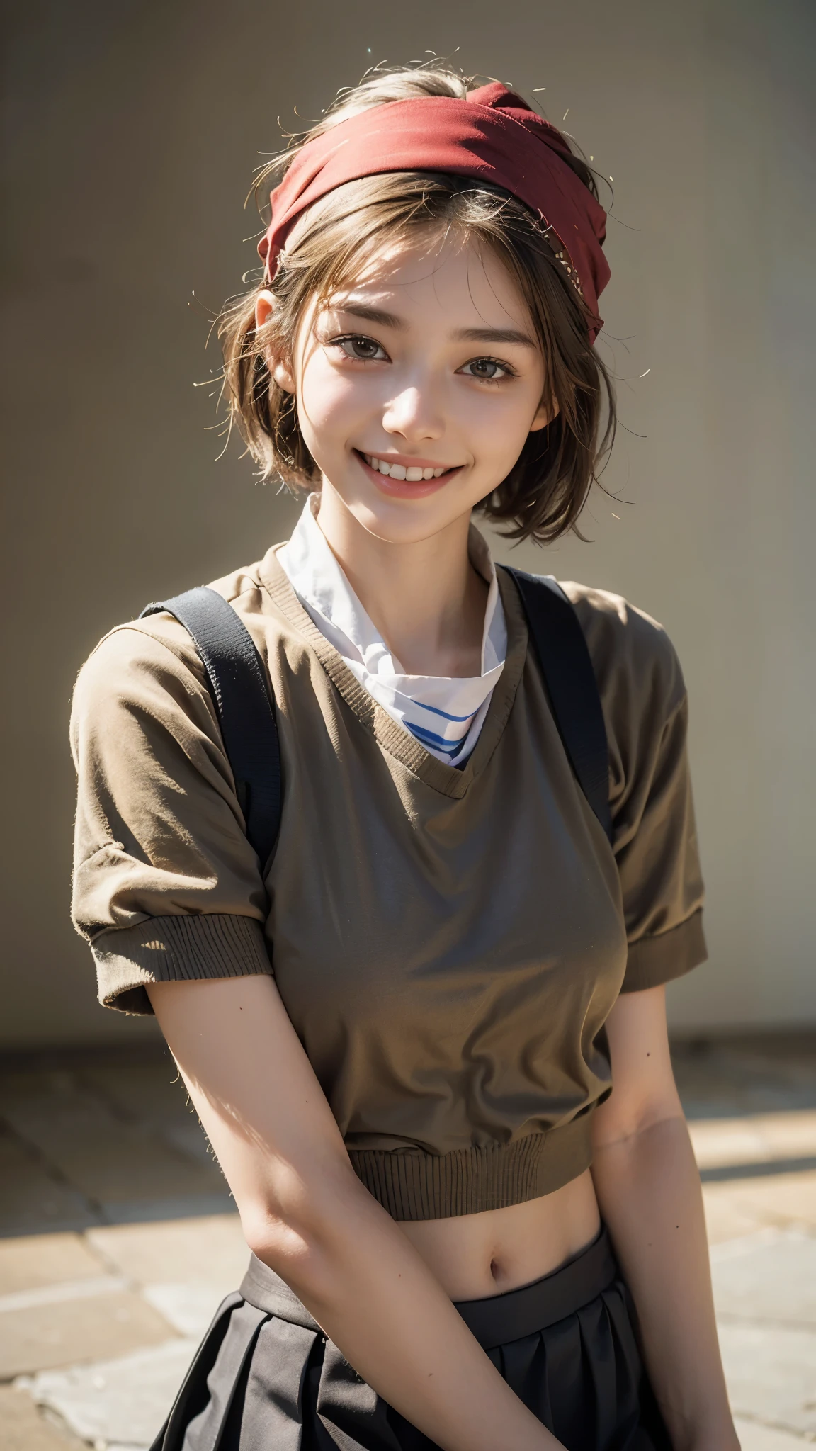 highest quality, masterpiece, Ultra-high resolution,8k, (Realistic:1.6), (Facing portraits) RAW Photos, 1 girl, 22 years old,((Miniskirt Uniform)),((short hair)),((Wear a bandana on your head)),((Looking up at the audience)),Realistic,((Simple solid color background)), Image Media Chest)),((Smiling with teeth showing)),