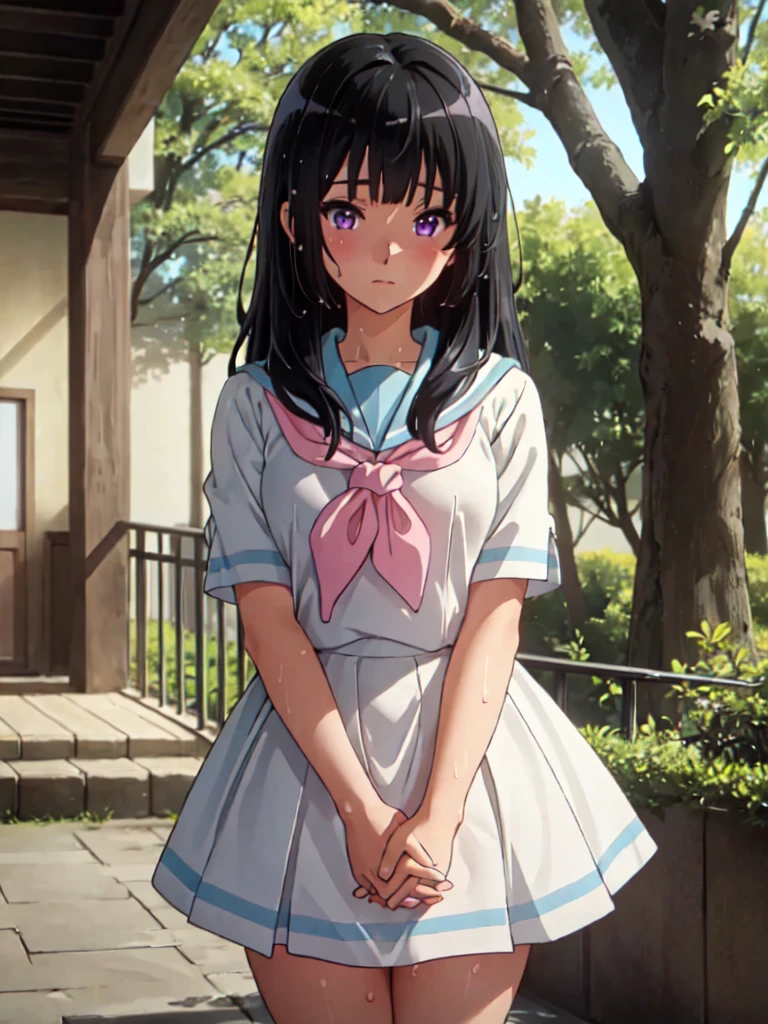 masterpiece, best quality, ultra detailed, highres, extremely detailed CG unity 8k wallpaper, perfect lighting,  very detailed background, Outdoor、beautiful and aesthetic,sharp focus, perfect face, Perfect hands、Perfect Fingers、Perfect toes、Five fingers、
White clothes, look down、Upper Body、Fair skin、、Completely wet、Blushing、Blunt bangs、(Hide your arms behind your body:1.2)、(twinkle(in the eyes):1.2)、Pull up your skirt、Staring at the audience、black_hair, long_hair, purple_eyes, blush, bangs, closed_mouth, serafuku, blurry、kousaka reina