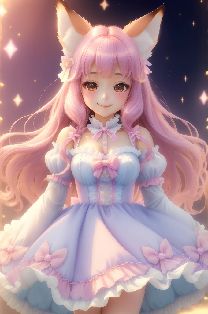 超スペシャルcute,cute,smile、Princess Fashion,pastel,ribbon,Frills,Shine,cute、Fox ears、Supernatural、Another world、Ultra Detail、bright fur、Magic Lighting、trajectory、 Light dust、beautiful、Cinematic lighting、 Bokeh effect