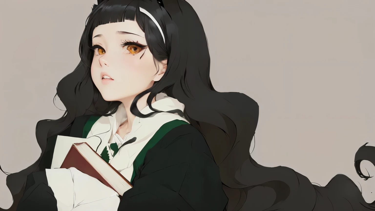 Anime girl with long black hair holding a book and a cat, Beichuan Ma Lin fan art, author：Yukika Kosaka, Anime style, Demon Slayer Rui Fan Art, Cartoon rendering art style, Colored line drawing, 扁平Anime style阴影, High-quality fanart, Digital Color, Beauvot Art Style, tumblr, & Her expression is serious.