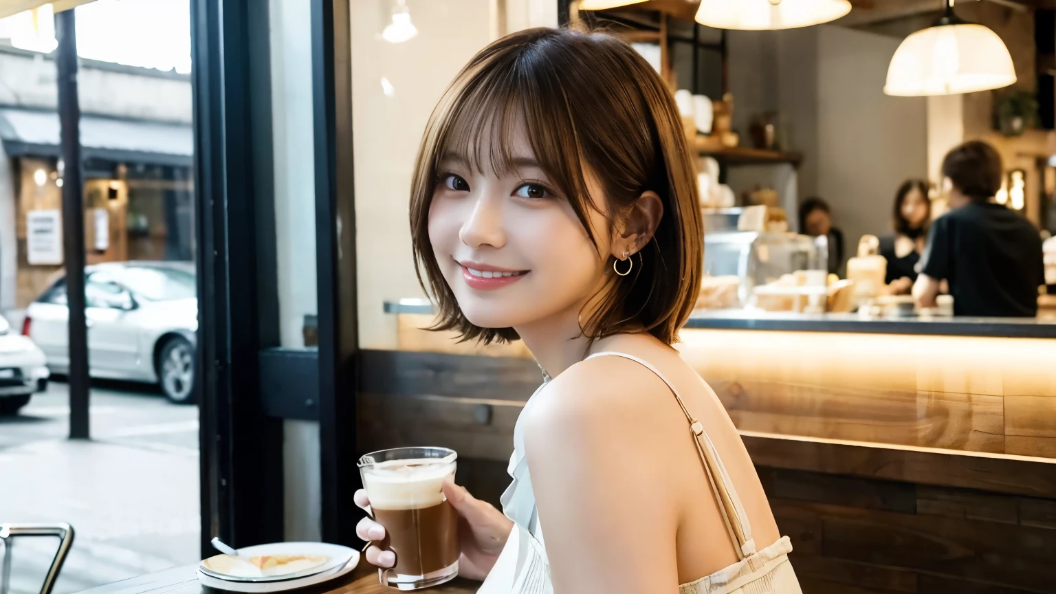 super high quality, Short Hair, Slender, Gravure photoshoot, The staff is working at the counter in the back., (8k、RAW Photos、highest quality、masterpiece:1.2), Japanese Idol, Shaggy, Sportswear, Stylish café, The cafe is crowded with people enjoying themselves., (Realistic、Photorealistic:1.37), Mesh Hair, Urban Cafe, Golden Ratio, Raw photo, Cute face , Light Brown Hair, Earrings, Small breasts, Bright cafe interior, Spring Clothes, necklace, Spoiled, Cafe Terrace, Open Cafe, Open Cafeの前に高級車, Smile, Hair blowing in the wind, Neat clothes, 18-year-old, younger sister,