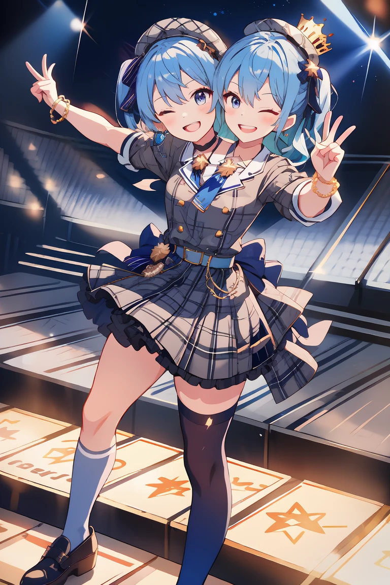 (masterpiece, best quality), best resolution, 16k, (2heads:1.5), full-body, 1girl, solo, (raise arms, two hands make peace sign, hands above shoulders), HoshimachiSuisei, side ponytail, blue hair ribbon, SuiseiBase, plaid beret, crown, blue star choker, star earrings, blue ascot, plaid jacket, plaid skirt, layered skirt, partially fingerless gloves, star bracelet, uneven legwear, thigh strap, standing, (smile, close-mouth, teeth), one eye closed, dacing, jumping, ((heads look at each other, cheek-to-cheek)), exciting, concert stage, starfield, spotlight