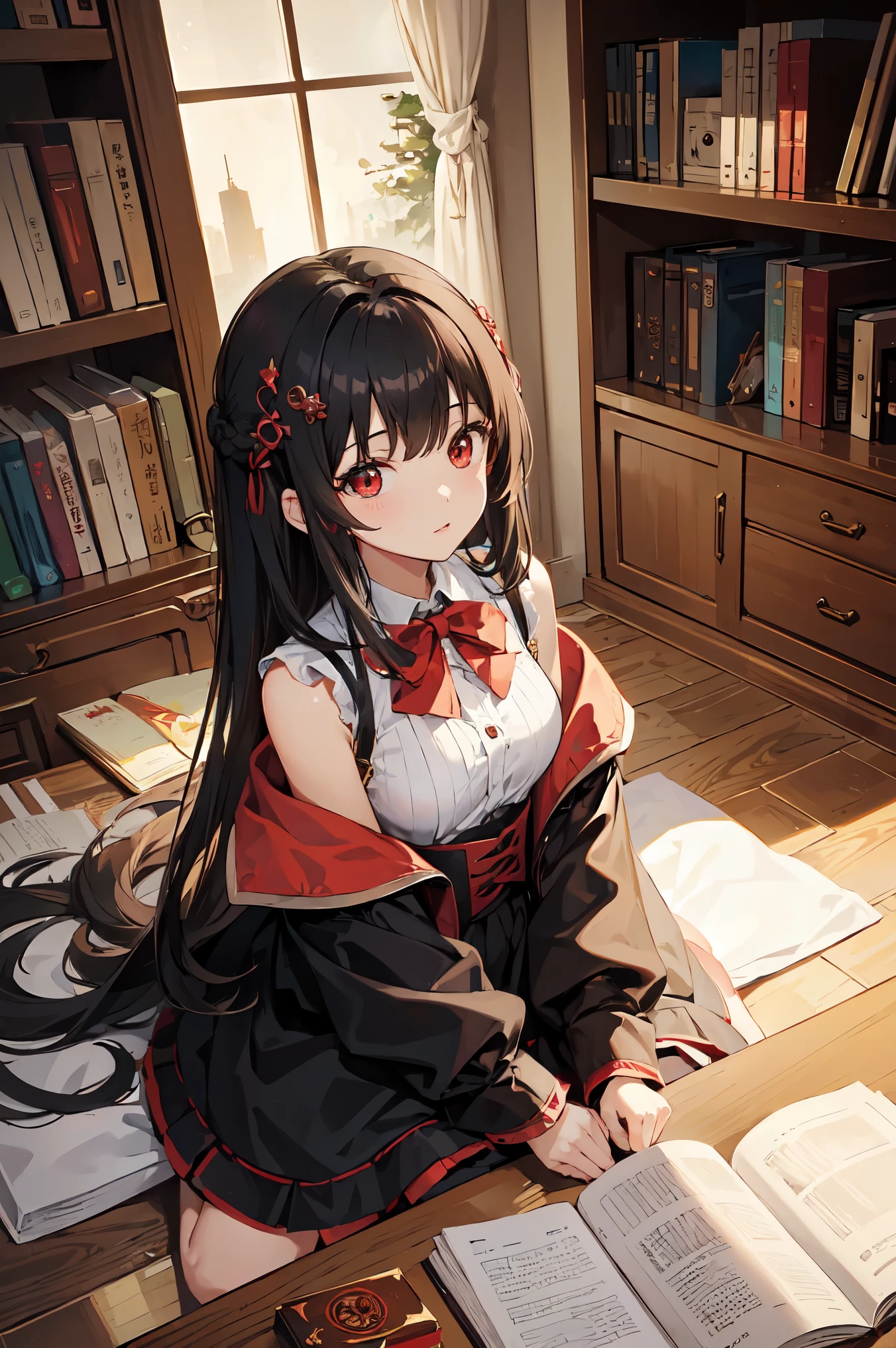 ((masterpiece,highest quality))One girl, alone, Bookshelf, Mountain of books, suzuno, indoor, hair ornaments, yuina, Red eyes,