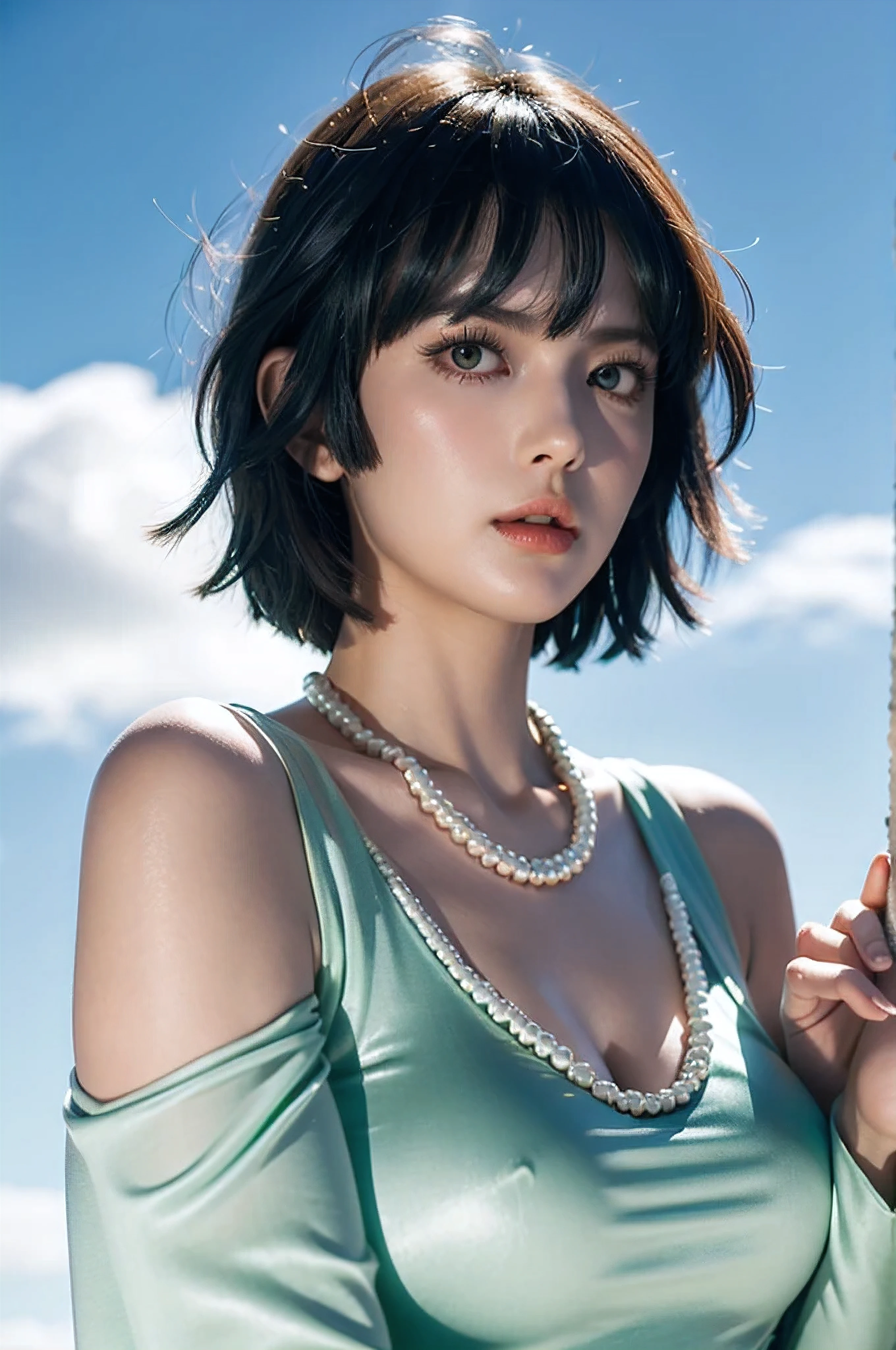 fubuki,,fubuki (One Punch Man),1 girl,big breasts、Green Long Dress,collar、long sleeve、pearl necklace、Beauty、long sleeve、collar、beautiful woman、beautiful face
